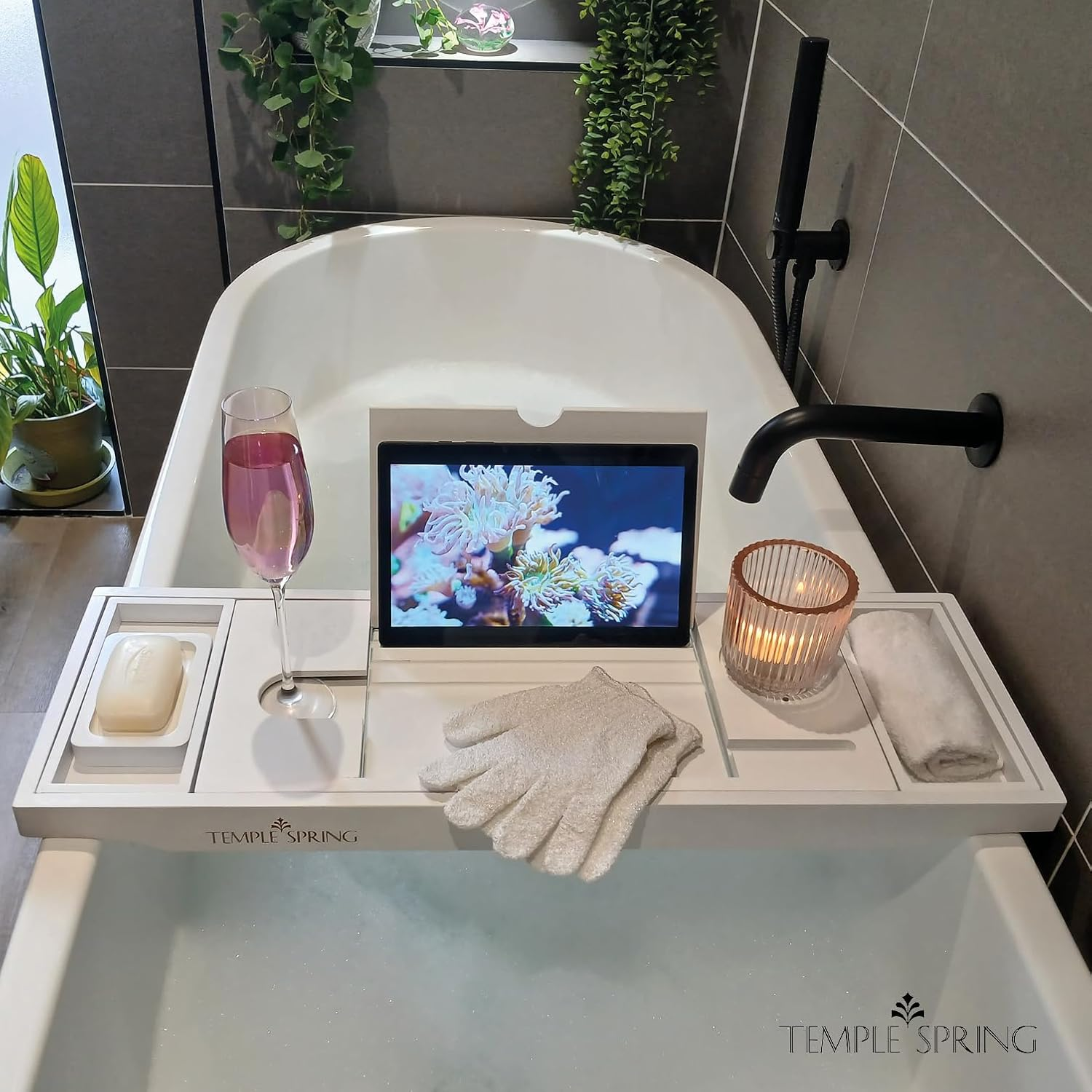 Temple Spring Wooden Bath Tray, Bath Shelf Bathroom Accessory, Home Spa Boards for Adults, Bathtub Caddy, Bamboo Bathroom Accessories Set, Extendable Bathtub Rack with Ipad & Phone Holder - White - Brown image number 4