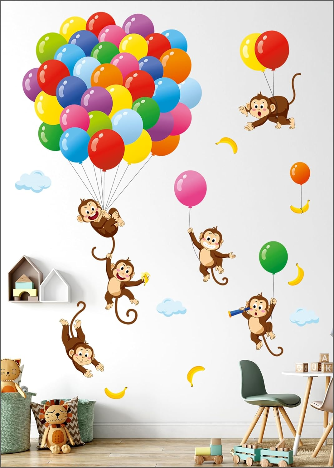 DECOWALL DS9-8053 Monkey Vines Wall Stickers Animals Kids Decals Peel and Stick Removable for Nursery Bedroom Living Room Baby Family Leaf Art D&eacute;cor