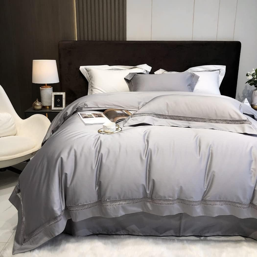 Modern Minimalist Hollow Edge Long-Staple Cotton Four-Piece Set Cotton Cotton Solid Color Quilt Cover Bedding,Silver,2200 * 2400Mm image number 1