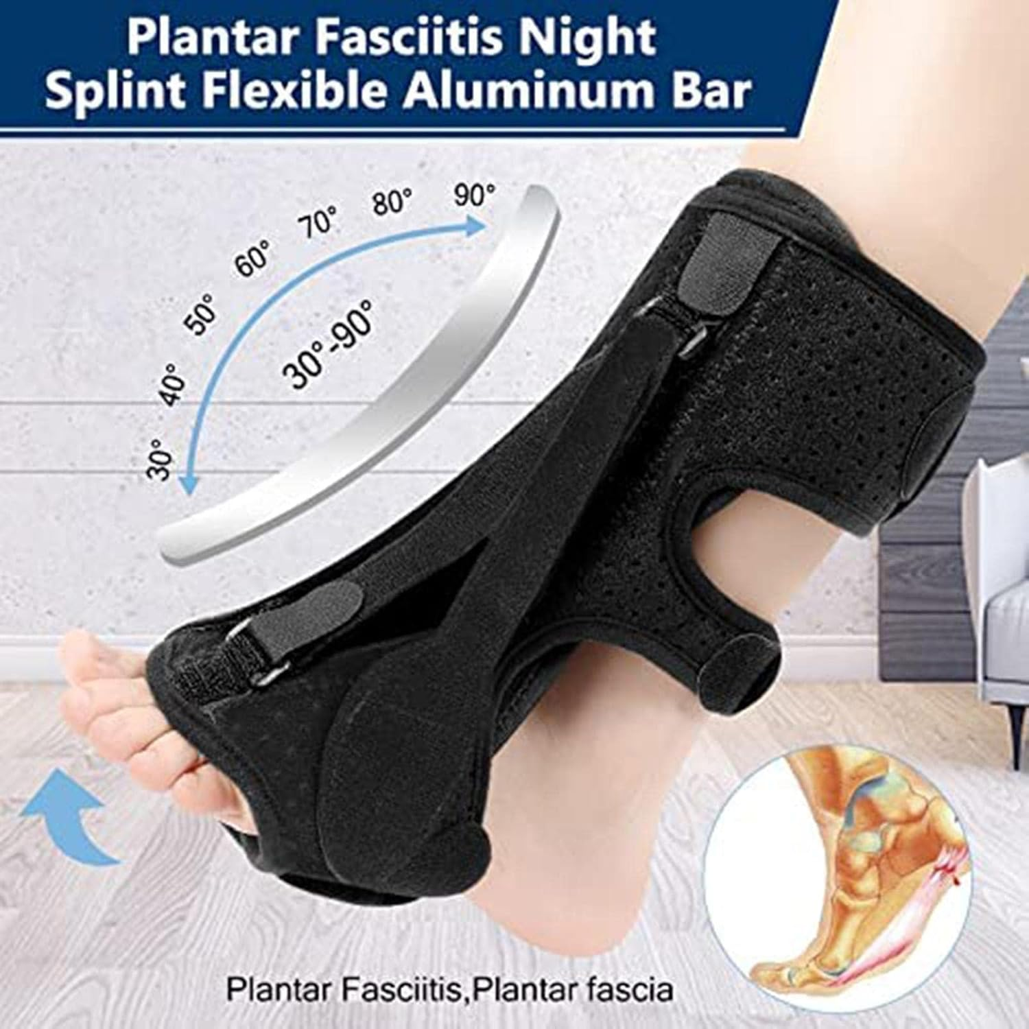 Plantar F?Sciitis Night Splints | Foot Drop Orthotic Brace Support Straps | Orthotics Ankle Brace for Heel | 3 Adjustable Straps Compression Foot Sleeves with Ankle Suppor for Women & Men - Black image number 5