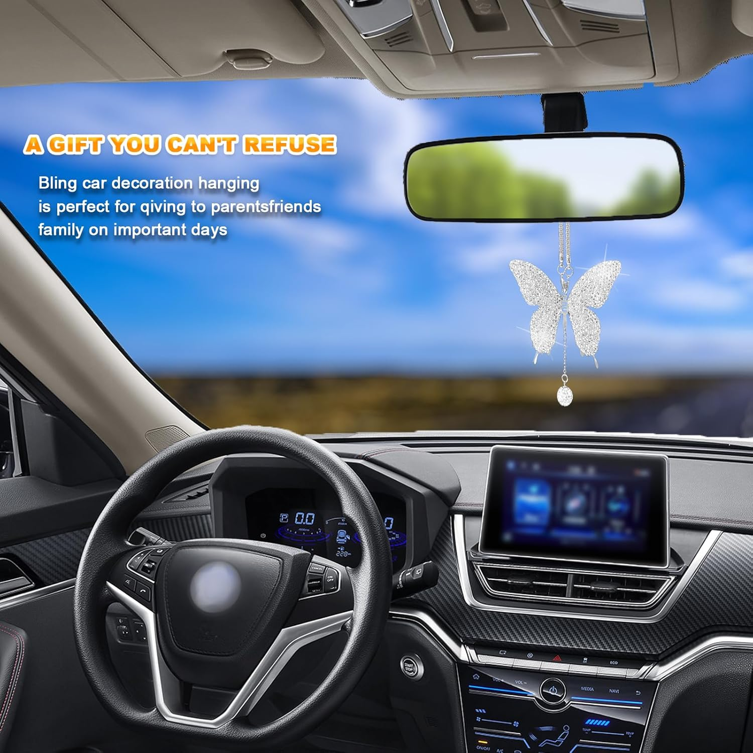 NOTISH Bling Butterfly Diamond Car Accessories, Crystal Car Rear View Mirror Charms, Charms Good Luck Gifts Amulet Ornament Hanging Interio Car Decoration for Women Interior(White) - Red image number 2