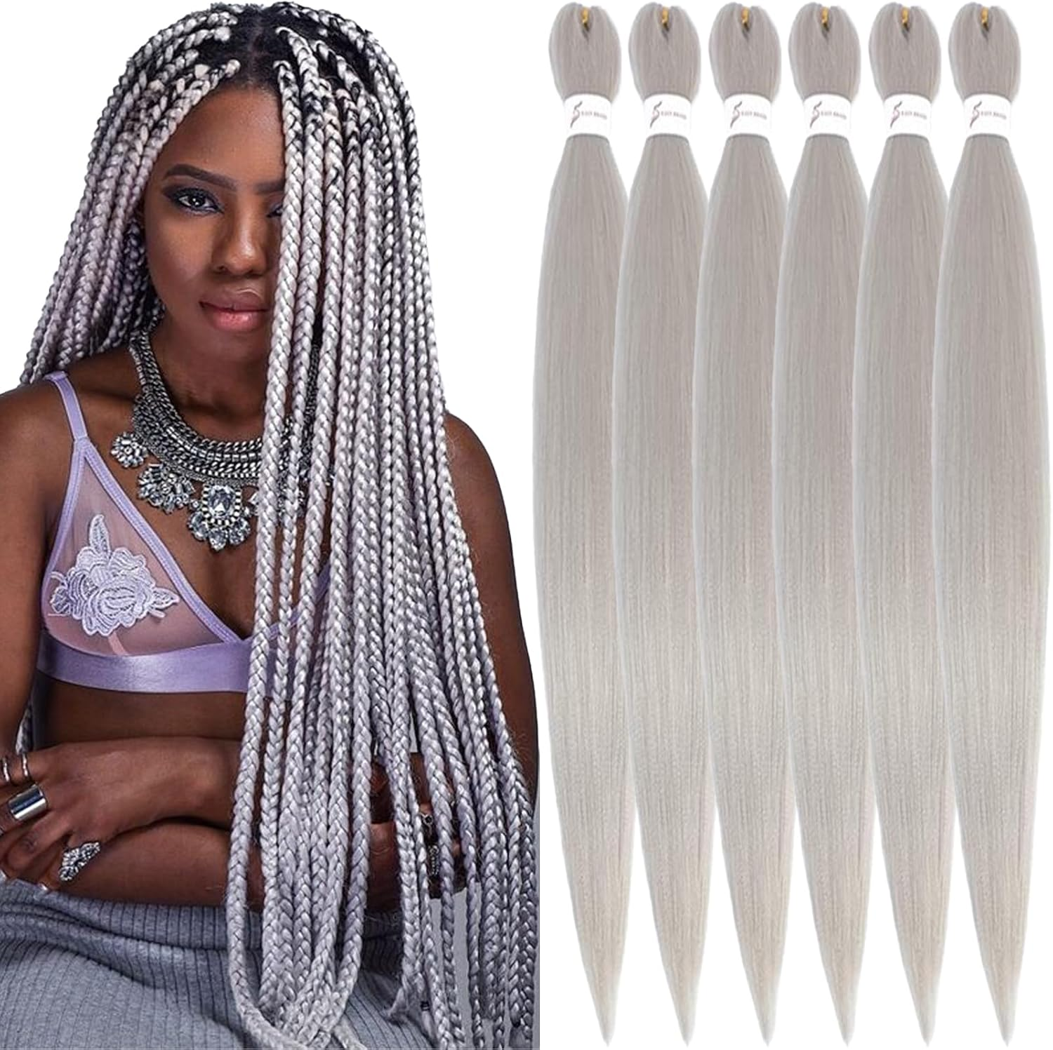 Xusuperb 30 Inch Long Pre Stretched Braiding Hair Silver Grey Easy Braids Extensions Silver Kanekalon Synthetic Hair for Braiding 6 Packs Pre-Stretched Braiding Hair Yaki Braids Hair Extensions (Grey