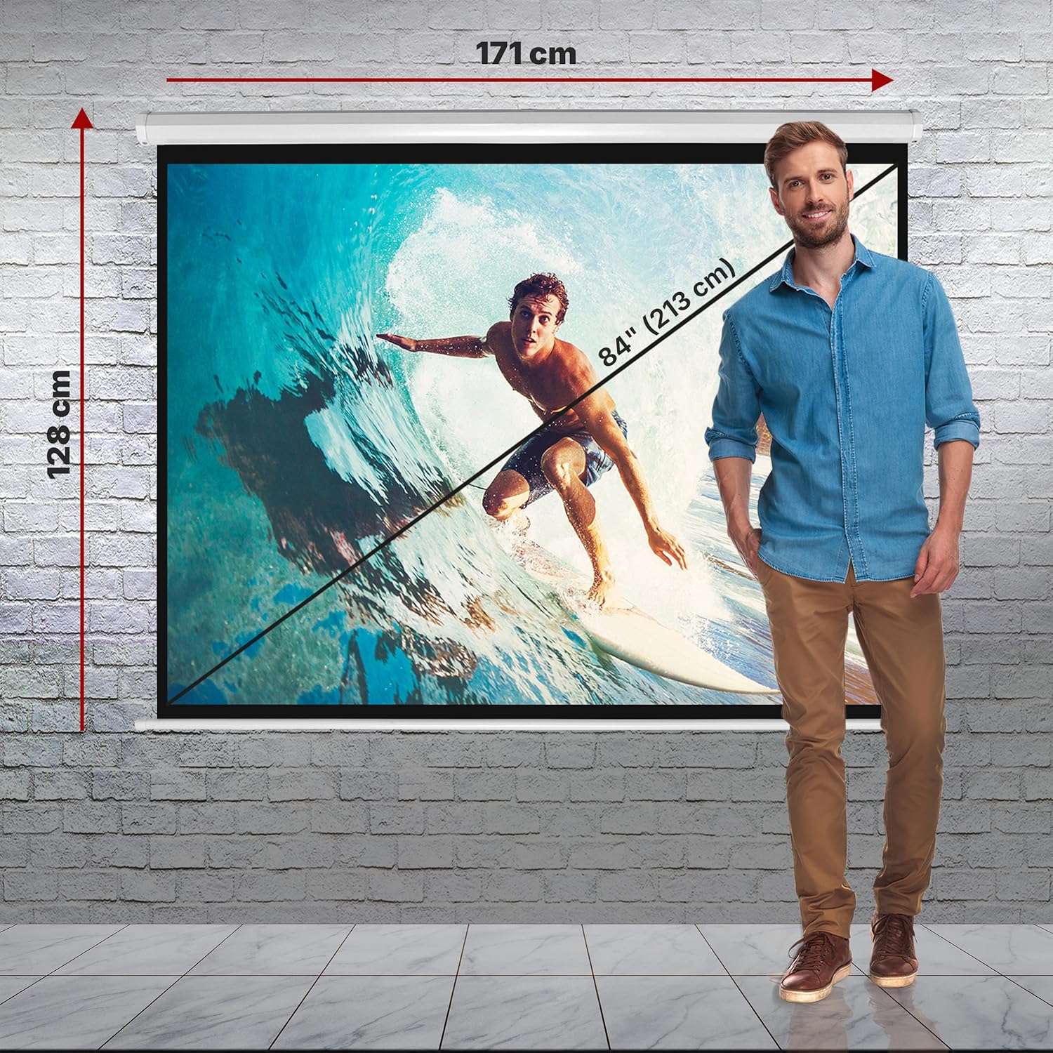 Pyle Manual Pull-Down Projector Screen - Universal 84-Inch Roll-Down Retractable Manual Projection Screen W/Auto-Locking, Adjustable Screen Height, Black Masking Border