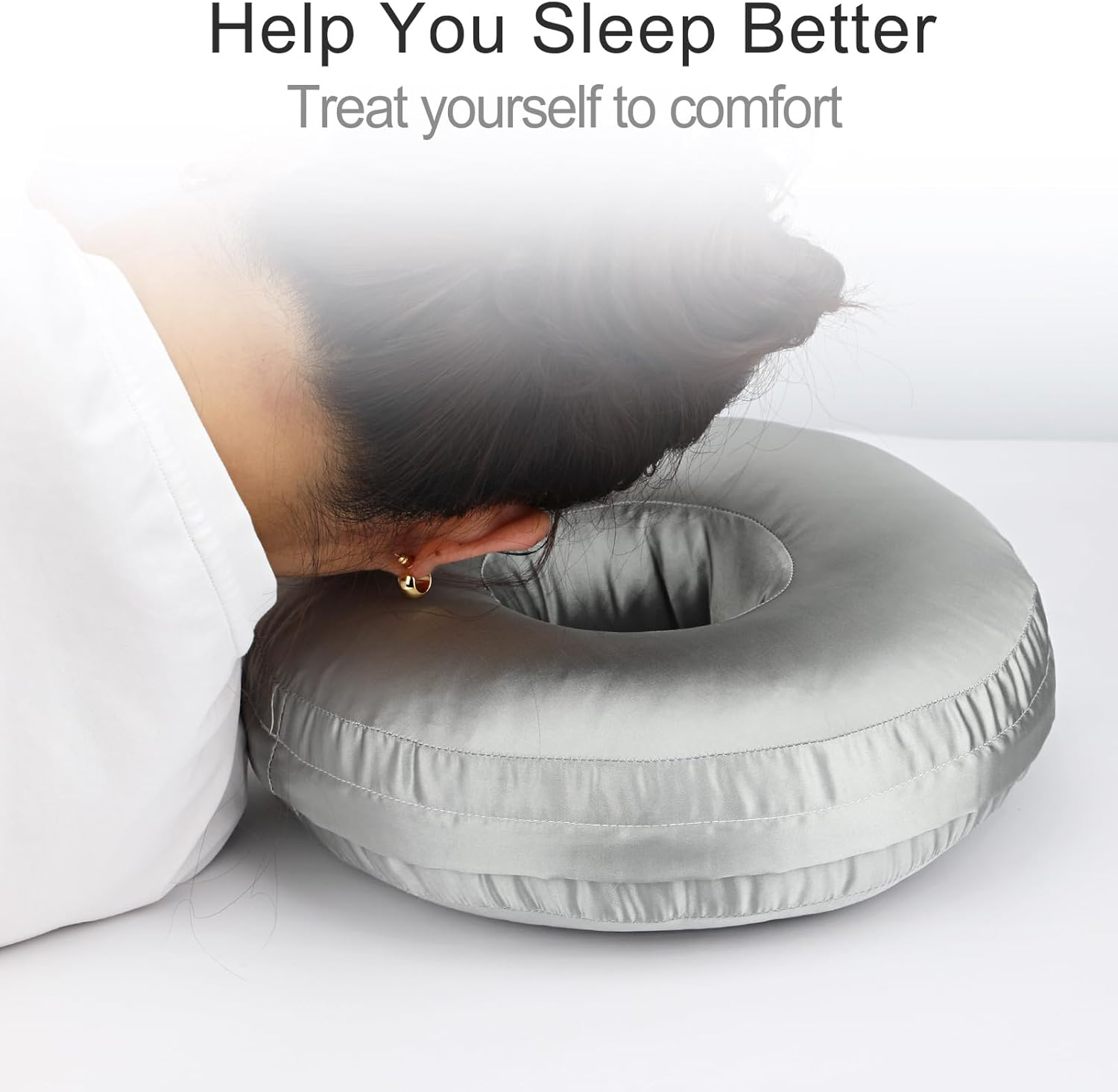 Silky Ear Piercing Pillow with Removable Cover Ear Hole Donut Pillows for Side Sleepers Ear Pain Relief Sleeping CNH Pressure Sore Ear Guard Satin Silver Gray image number 6