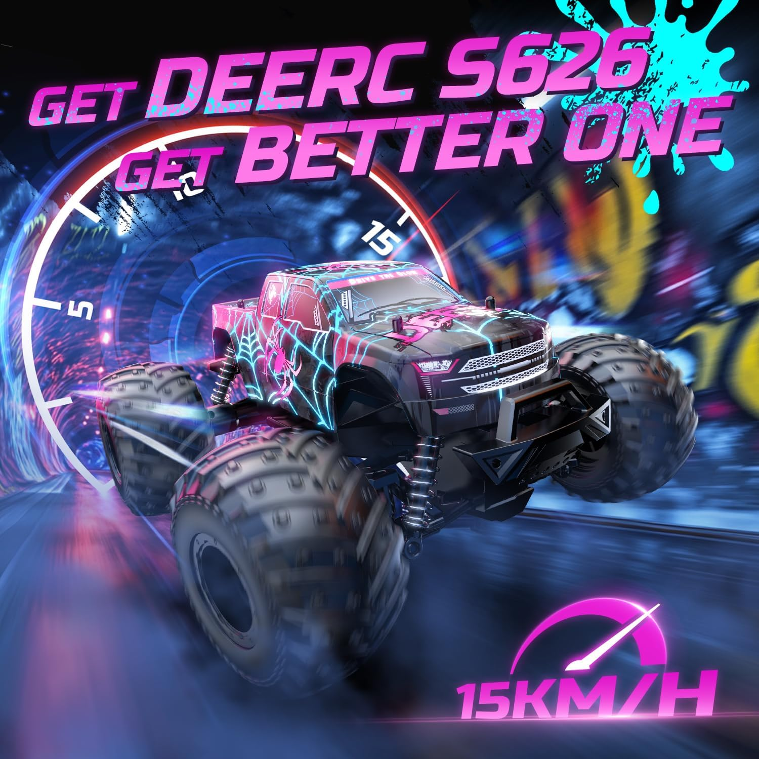 DEERC 1/16 Glowing Spider Remote Control Car - 15KM/H Fast RC Cars W/2 Rechargeable Batteries for 30 Mins Play, All Terrain Off-Road Monster Truck Toys for Boys Kids Age 4-7 8-12