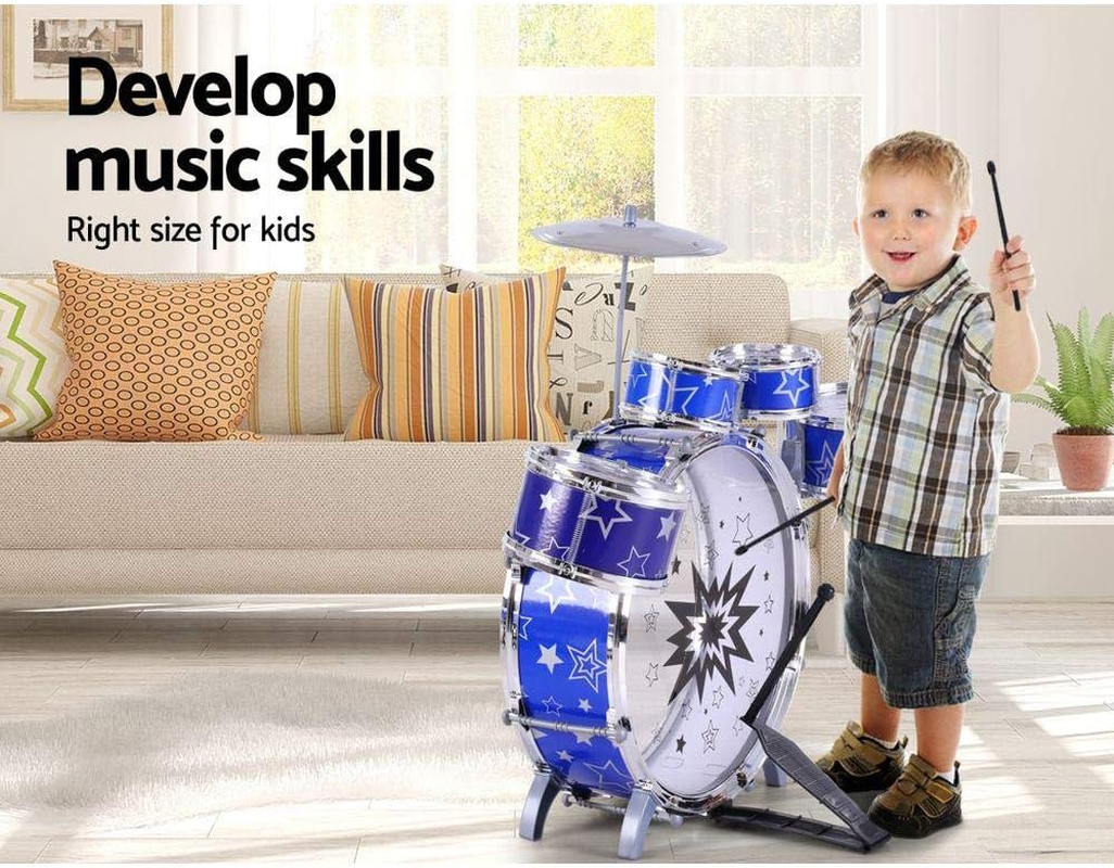 Keezi Kids Drum Set, 11Pcs Toddler Toy Pretend Play Junior Balmy Drums Kit Musical Instruments Educational Children Baby Toys, with Drummer Seat Easy to Assemble Blue image number 1