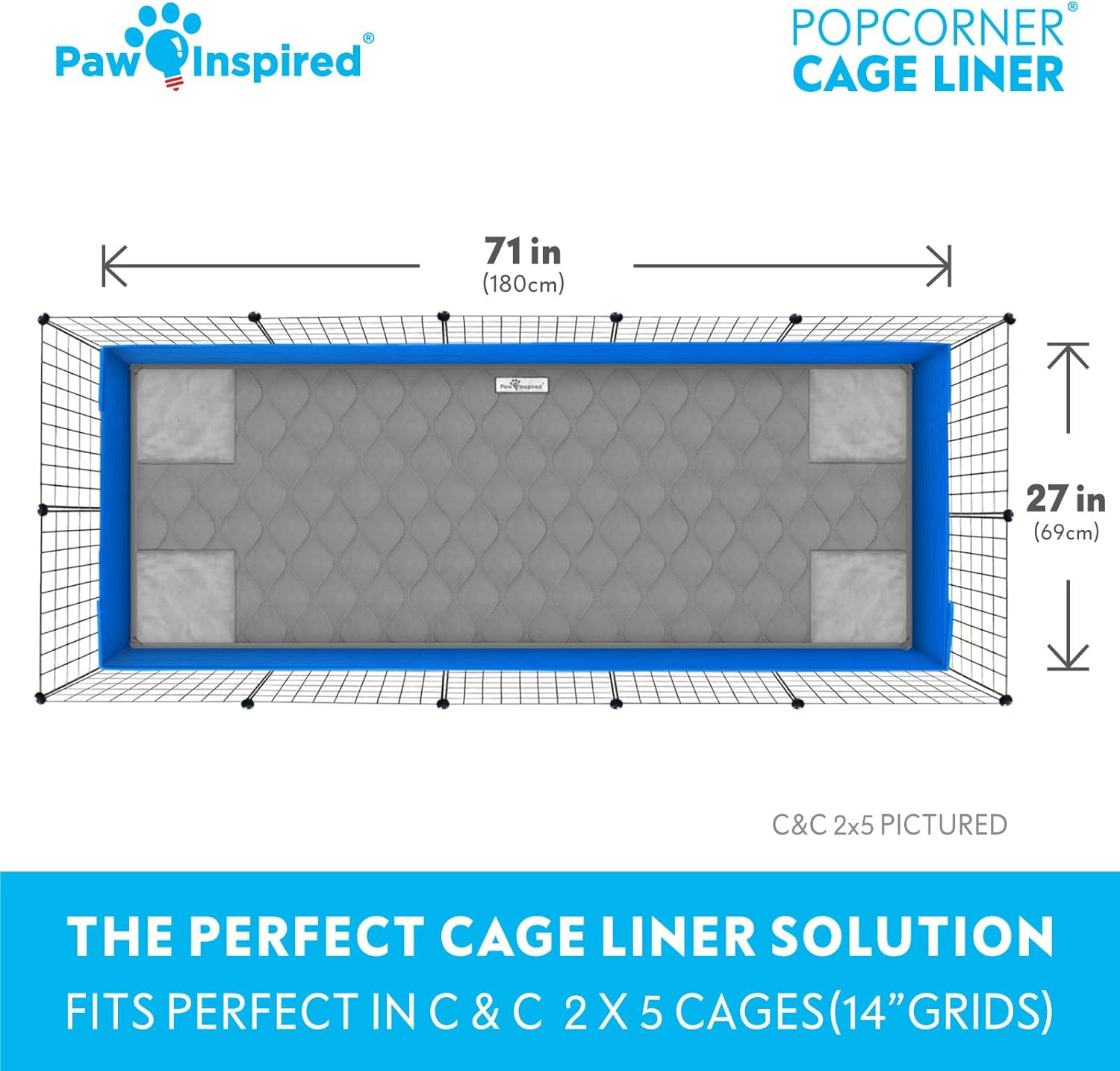 Paw Inspired Popcorner Guinea Pig Cage Liners | Washable Fleece Bedding or Pet Bed Mat for Small Animals | Super Absorbent Pee Pad with Reinforced Corners and Waterproof Bottom (C&C 2X5, Gray) image number 4