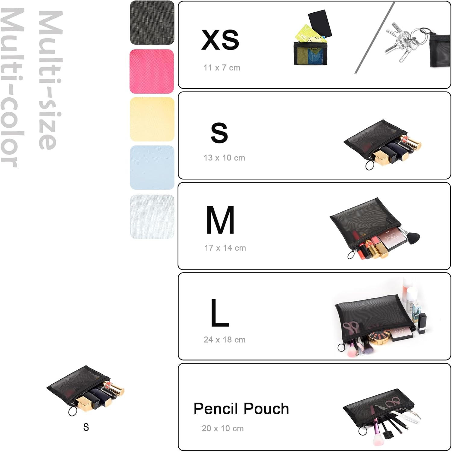 Patu Mini Zipper Mesh Bags, 4" X 5", Size S / A7, 5 Pieces, Beauty Makeup Lipstick Cosmetic Accessories Organizer, Small Travel Kit Storage Pouch, Black image number 4