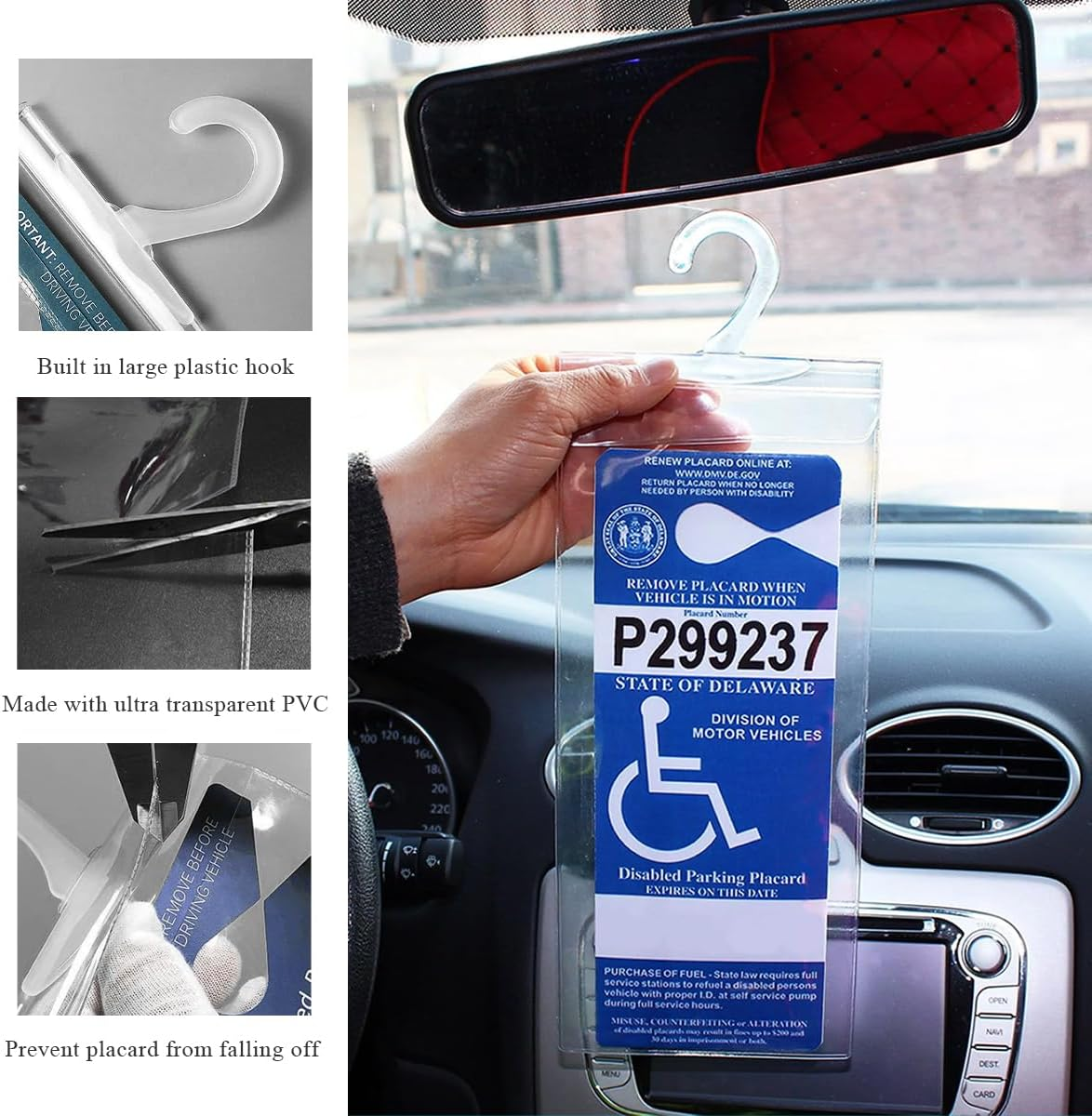 Gasedin 2 PCS Handicap Placard Holder, 11.6"&times;5" Ultra Transparent Parking Permit Placard Protector, Disabled Parking Sign Protective Cover with Large Hook, Universal Car Accessories image number 2