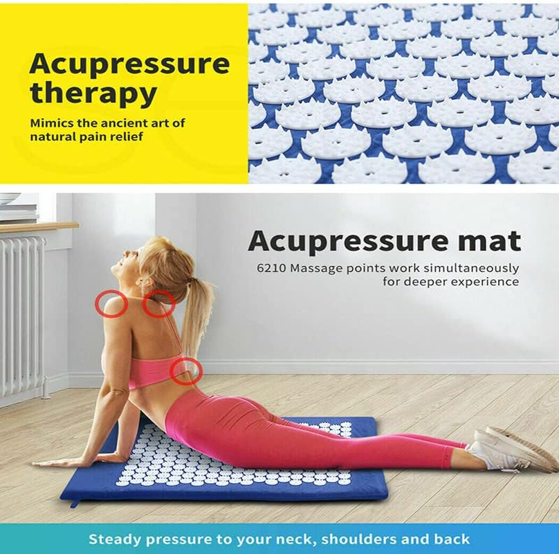 AIMALL Acupressure Mat Yoga Massage Shakti Sit Lying Mats Pillow Pain Stress Pain Relax, Eco Foam Cotton Material, 66X40Cm - Blue image number 3