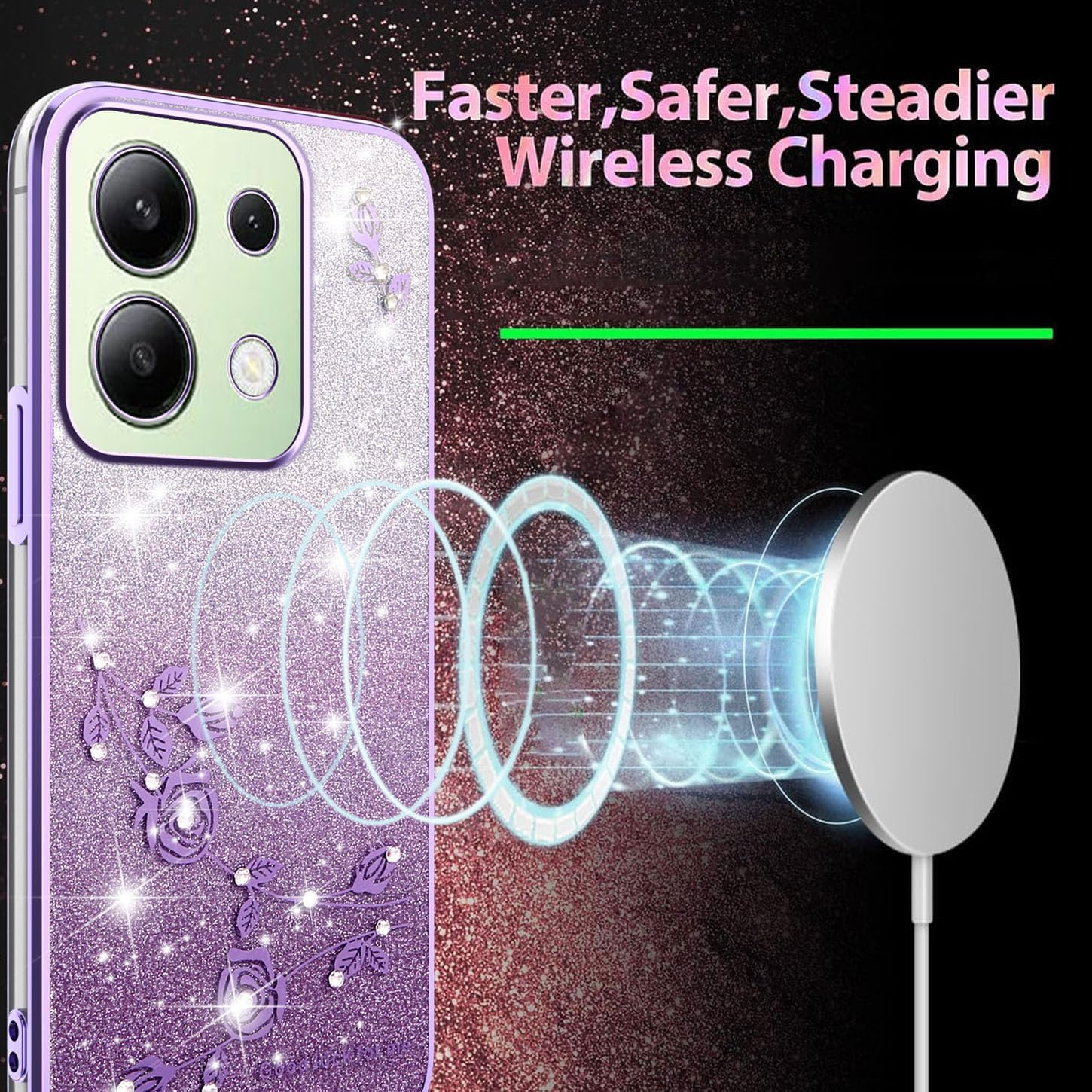 ILING Girls Case for Xiaomi Redmi Note 13 4G, Bling Gradient Color Back + Elegant Rose Pattern + Glitter Rhinestones Inlaid, Ultra Thin Soft Silicone TPU Shockproof Cover (Purple) - Pink image number 7