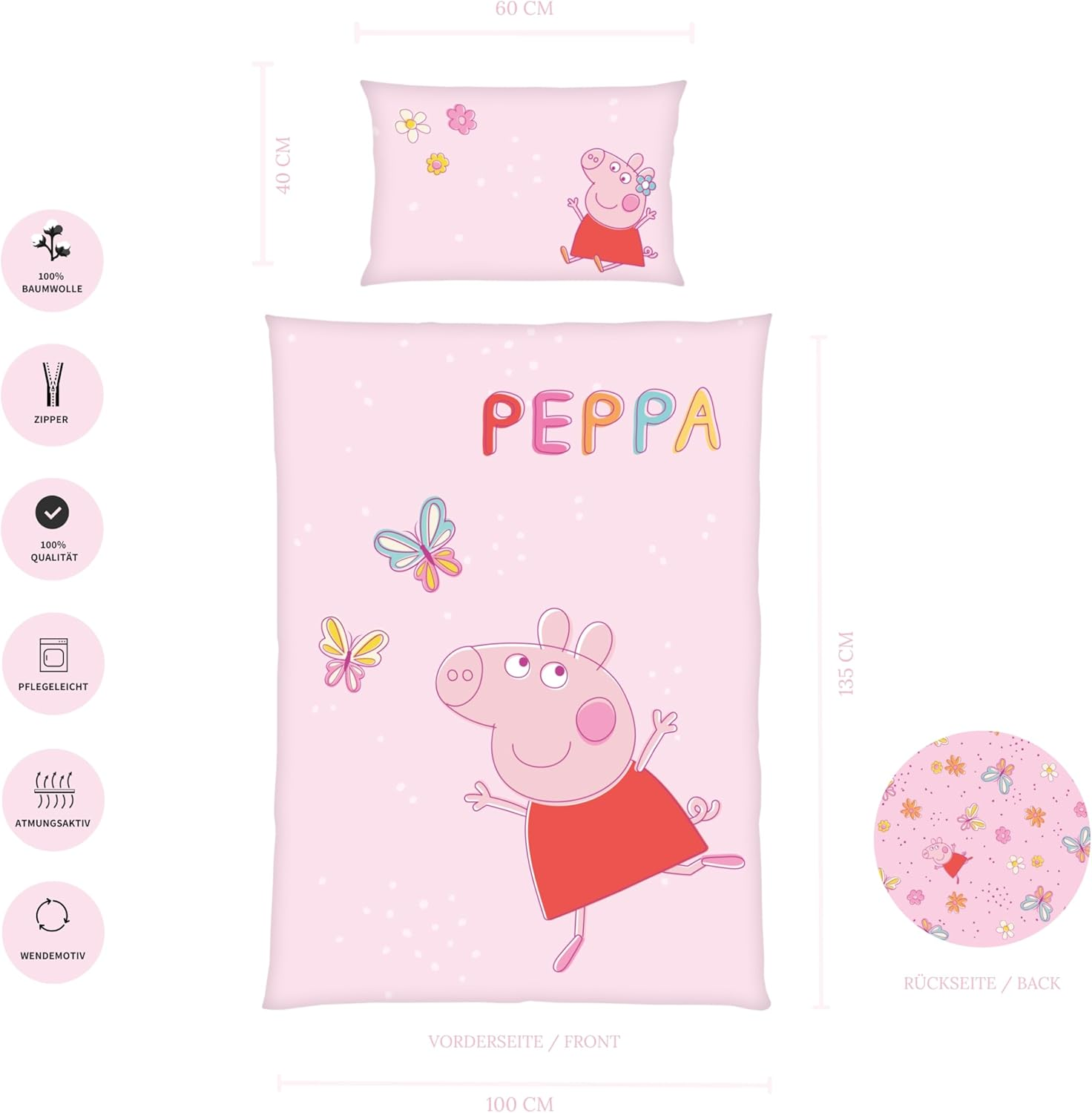 Peppa Pig Children'S Bedding Set, 100 X 135 Cm Duvet Cover + 40 X 60 Cm Pillowcase, Breathable Cotton, with Zip, Peppa Pig Butterfly in Pink, Gift Idea for Girls image number 2