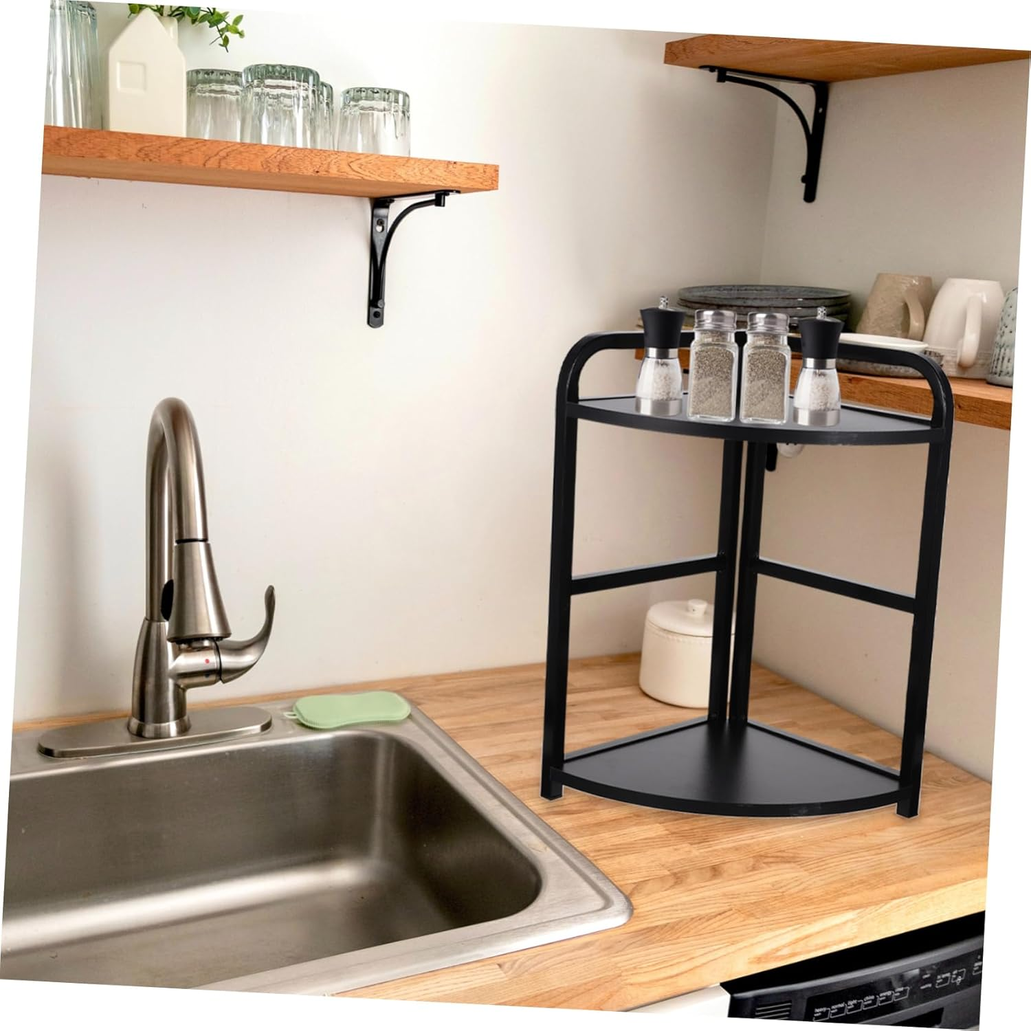 Double Layers Corner Spice Rack 25X25X43Cm Black Willow Wood with Metal Frame Kitchen Storage Shelf for Home Kitchen Seasoning Organization image number 4