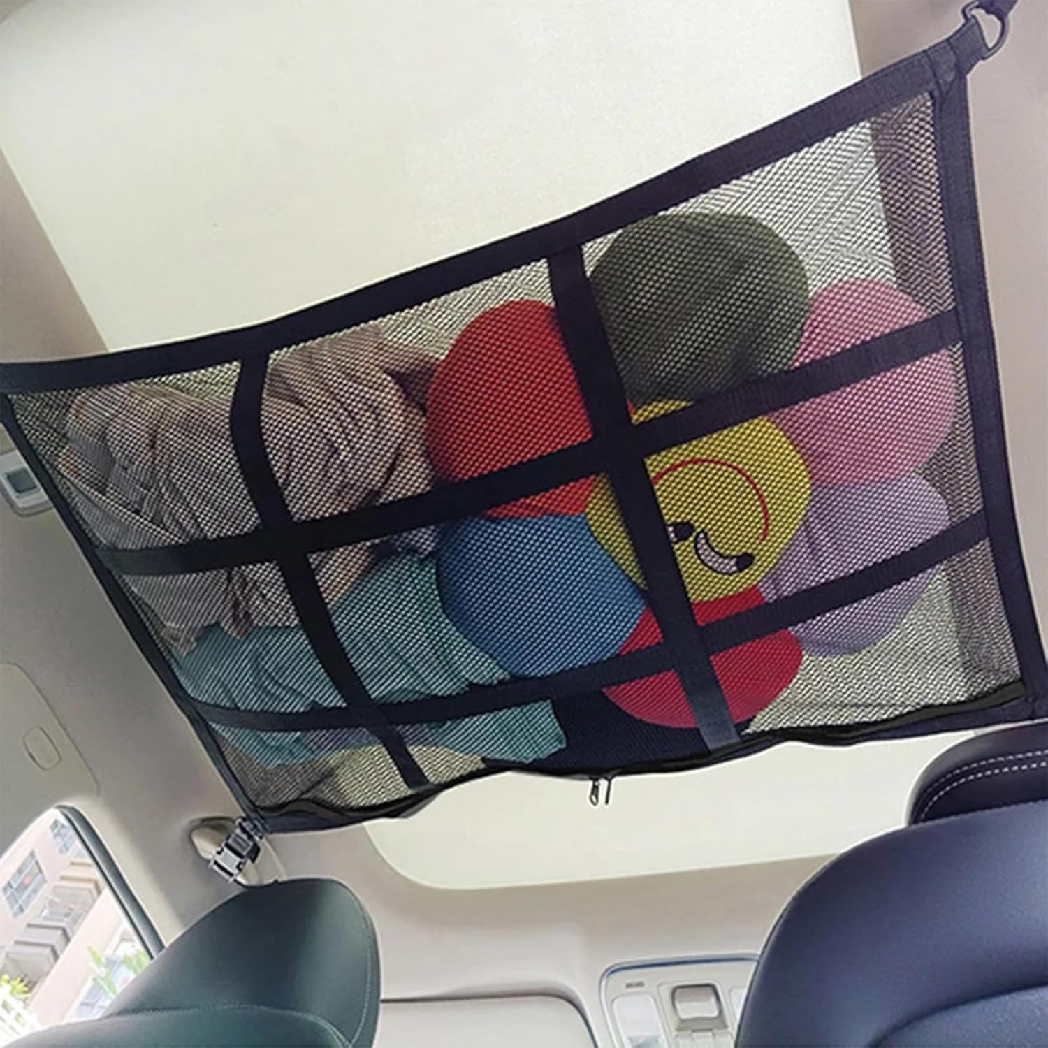 SUV Ceiling Cargo Net Pocket, Adjustable Double Large Car Ceiling Storage Net with 2 Seat Hooks, Mesh Car Roof Organizer Long Trip Storage Bag for SUV Long Trip Camping (Black) image number 2