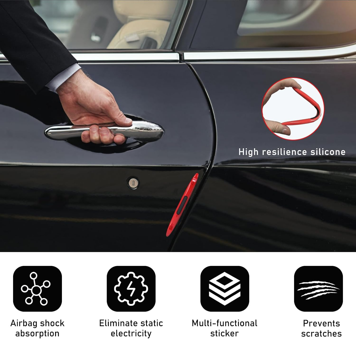 2 PCS Car Door Edge Guard Protectors, Anti-Collision Silicone Side Door Edge Sticker Strips, Electrostatic Eliminating Strip with Air Bags, Universal Auto Body Accessories (Red) - Black image number 6