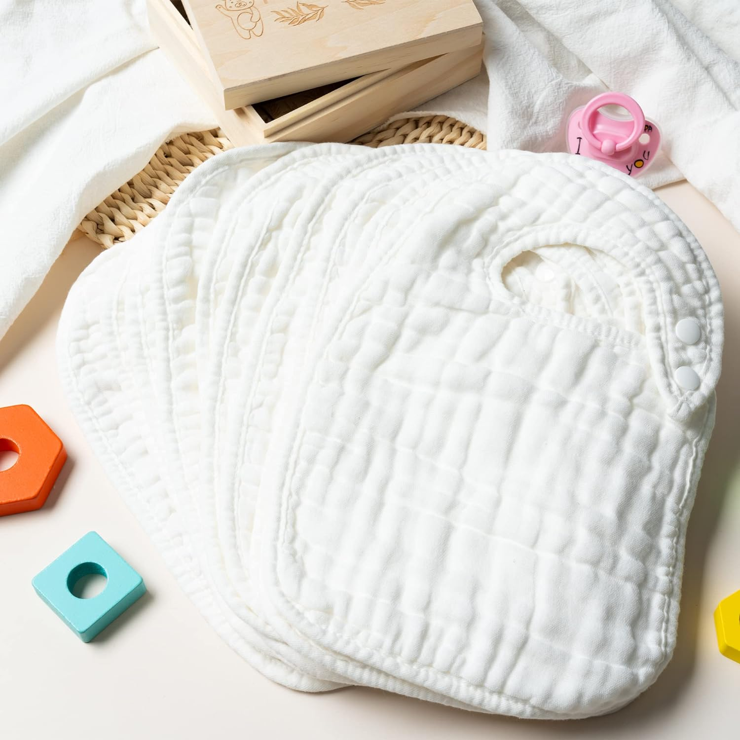 Buoonyer 10Pcs Snap Muslin Cotton Bibs, Baby Bandana Drool Bibs, Adjustable Soft Absorbent Cotton Scarf - Blue, Yellow image number 3