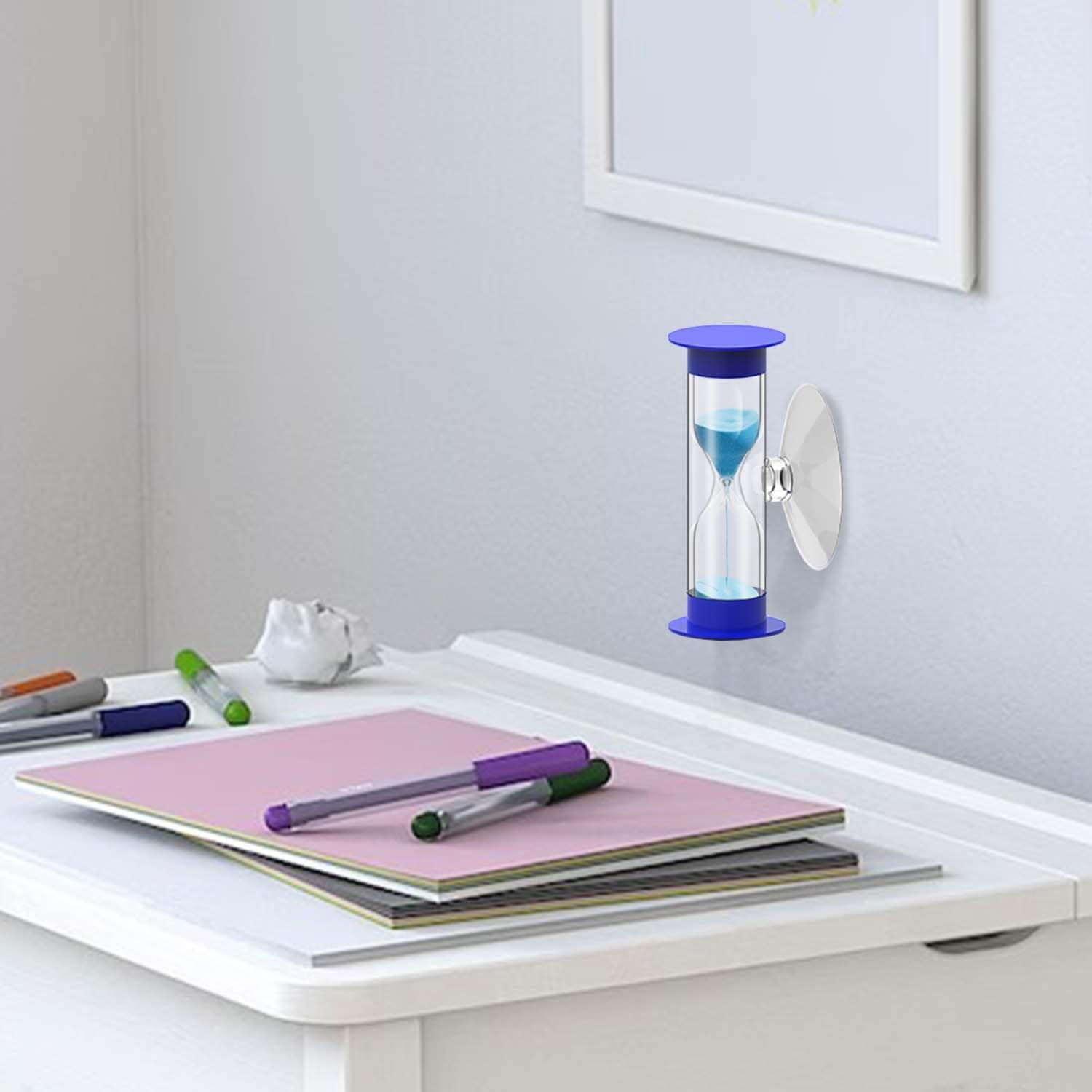 Hourglass Sand Timer 5 Minute with Suction Cup - Set of 2 Small, Unbreakable Sand Watch 5 Min Sucker, Small Blue Sand Clock 5 Minute, Plastic Hour Glass Sandglass Timer for Kids, Games, Classroom image number 1