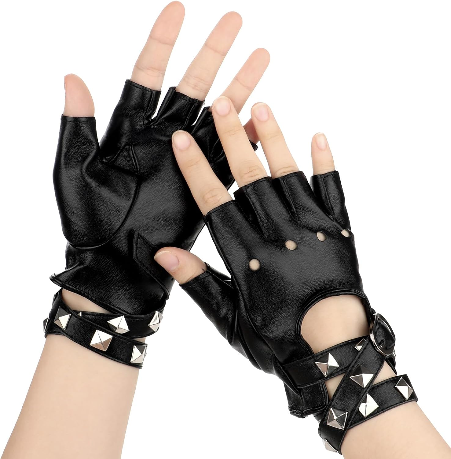 Leather Punk Gloves Fingerless Gloves for Women, PU Faux Leather Outdoor Sport Half Finger Glove Cosplay Gloves Gothic Gloves Fingerless Driving Gloves for Driving Motorcycle Bike, Black image number 4