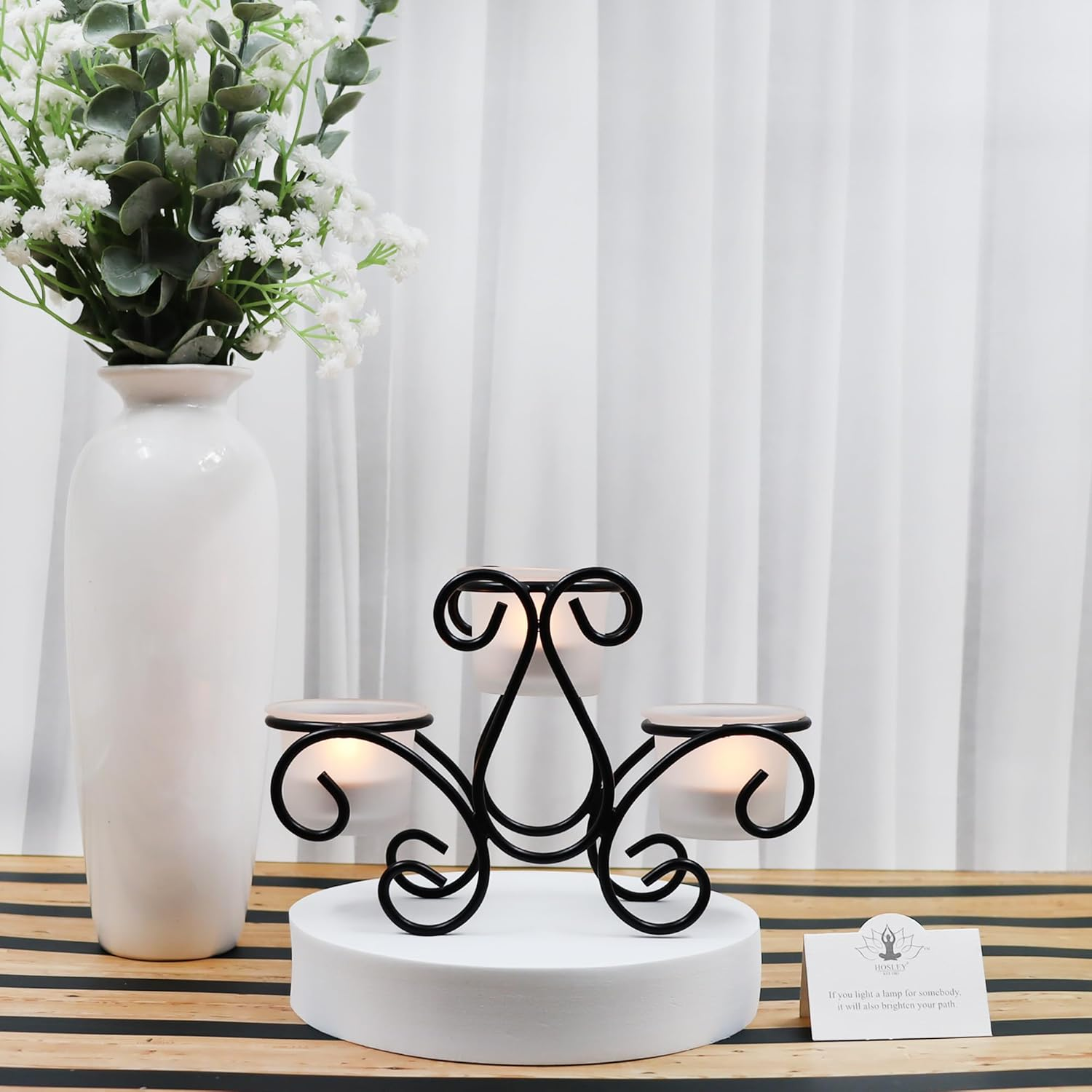 Hosley&reg; Frosted Glass Tealight Candle Holders Black Tealight Candle Holders with Glass Holders Perfect for Home Decor, Birthday, Wedding, Parties, Tabletop, Centerpiece image number 4