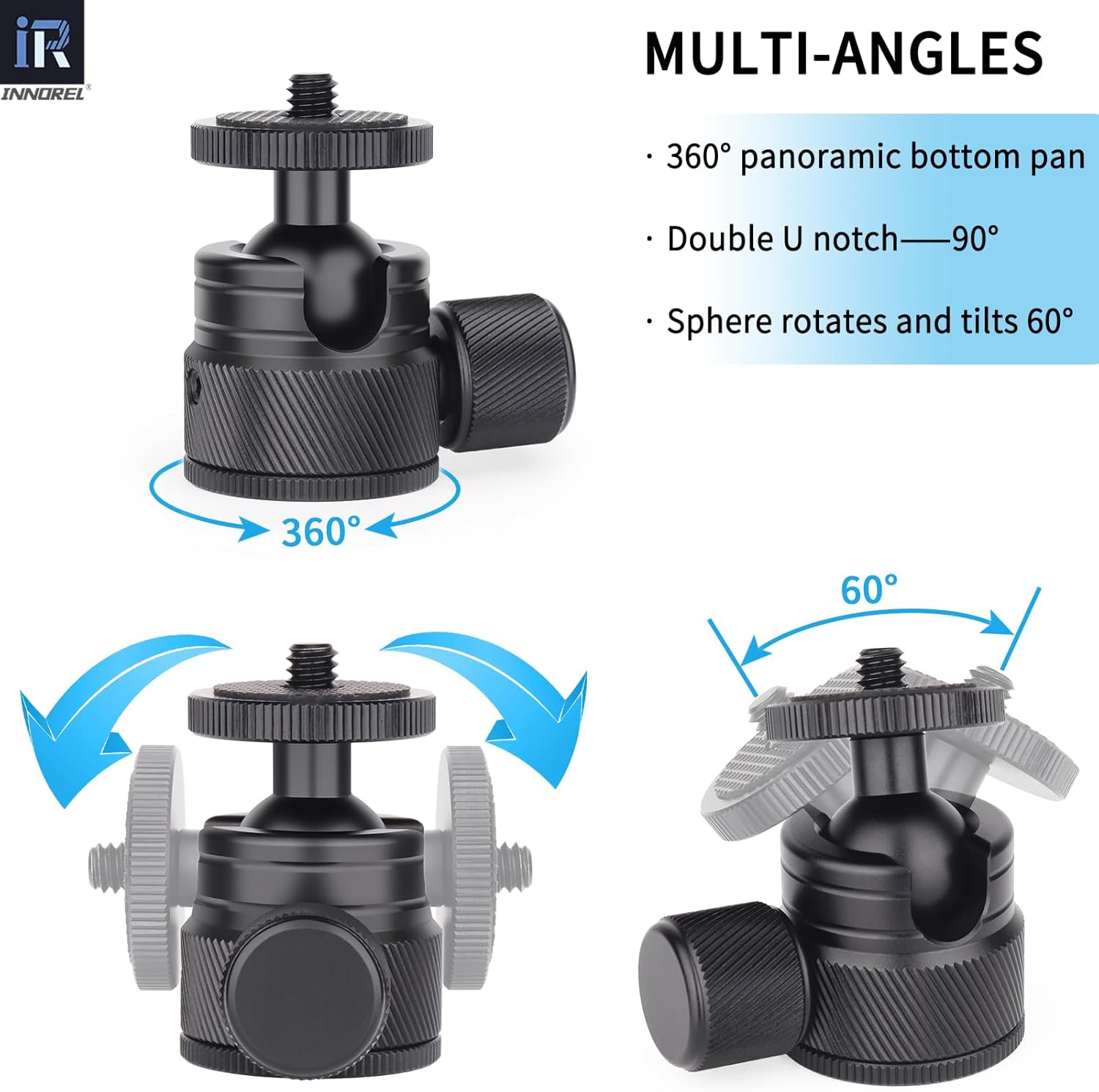Mini Ball Head-Innorel C19 Mount Tripod Head-Cnc Metal Low Profile Ballhead 360&deg; Pan 90&deg; Tilt Tripods Mount with 3/8" to 1/4" Adapter Ballheads, Max Load 6.61 Lb/3Kg for Phone/Dlsr Camera/Mini Holder