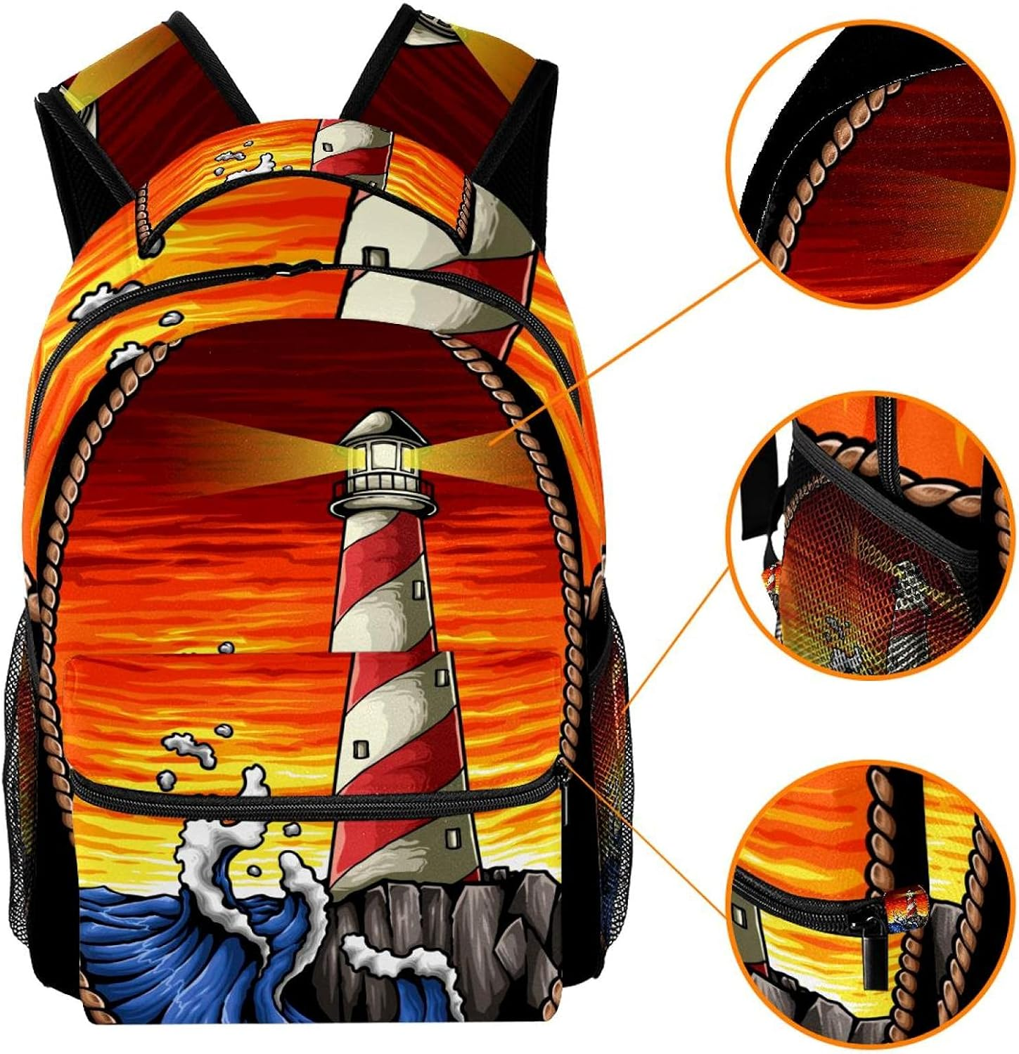 Lighthouse in the Sunset with Wave and Rock Backpack Students Shoulder Bags Travel Bag College School Tote Backpacks