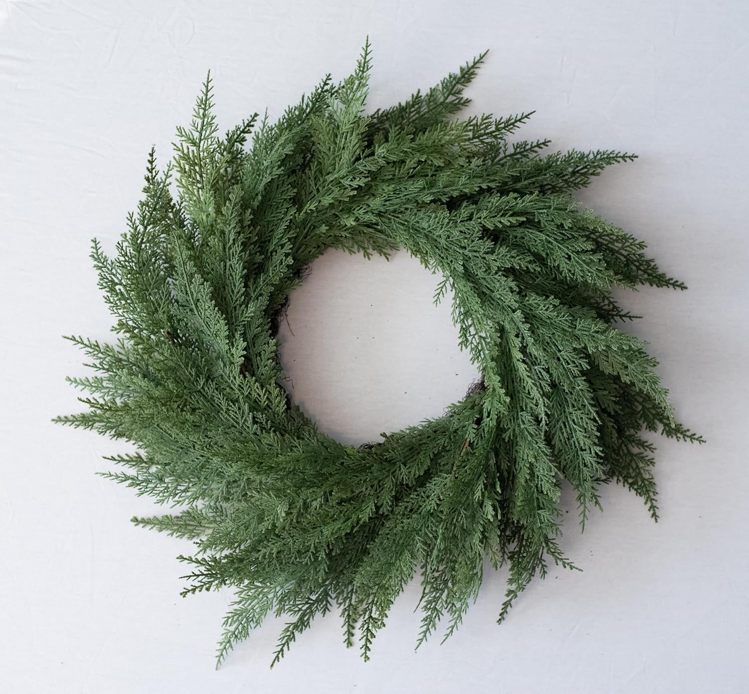 24" Artificial Cedar Wreath - 24 Inch Faux Cedar Wreath, Festive Green Wreaths for Front Door and Wall, Realistic Christmas Wreath, Indoor Holiday Decor for All Year Round image number 4