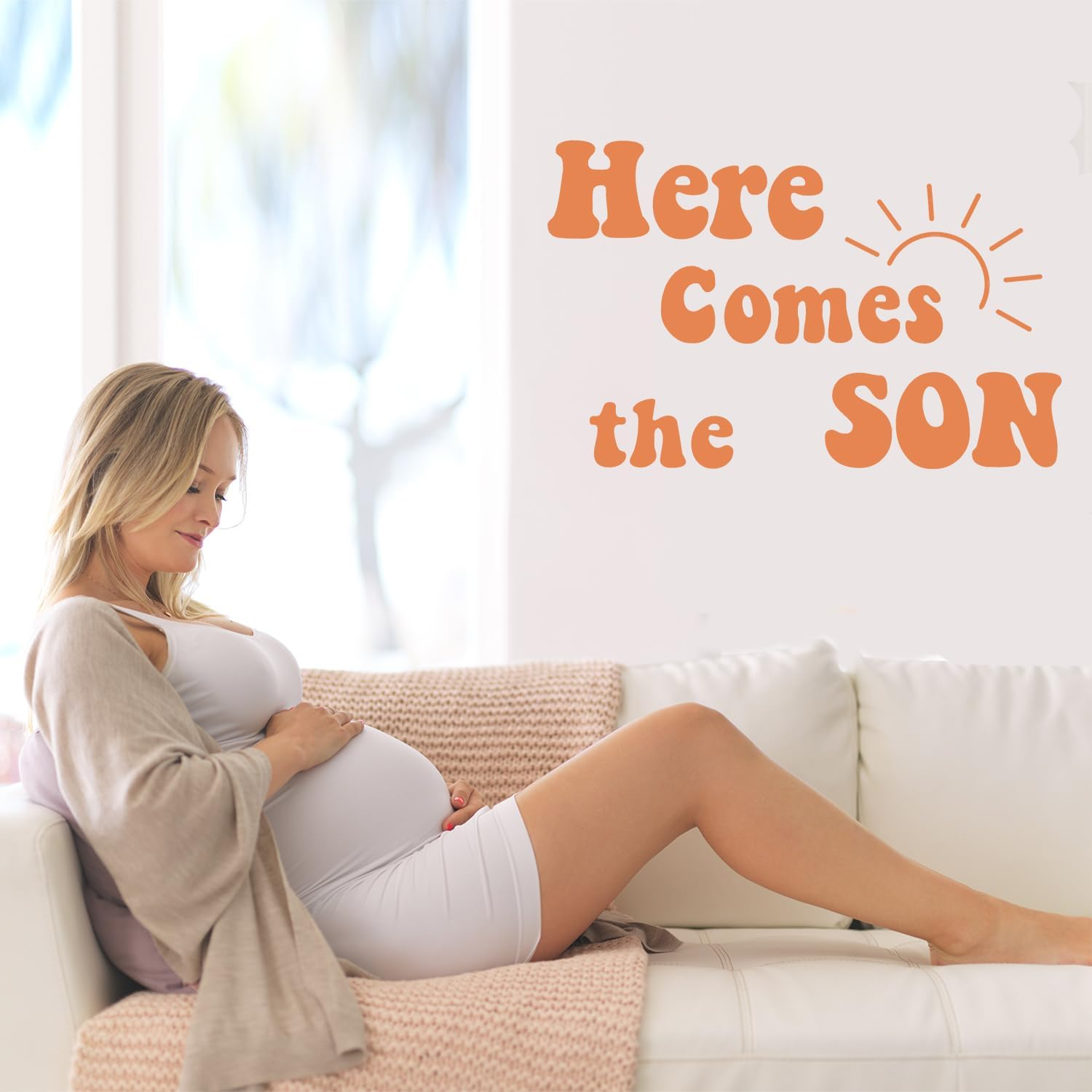 Here Comes the Son Baby Shower Wall Decal, Here Comes the Sun Vinyl Stickers Welcome Little Boy Backdrop Gender Reveal Party Favors Birthday Party Supplies Pregnancy Gift Creative Wall Decoration image number 2