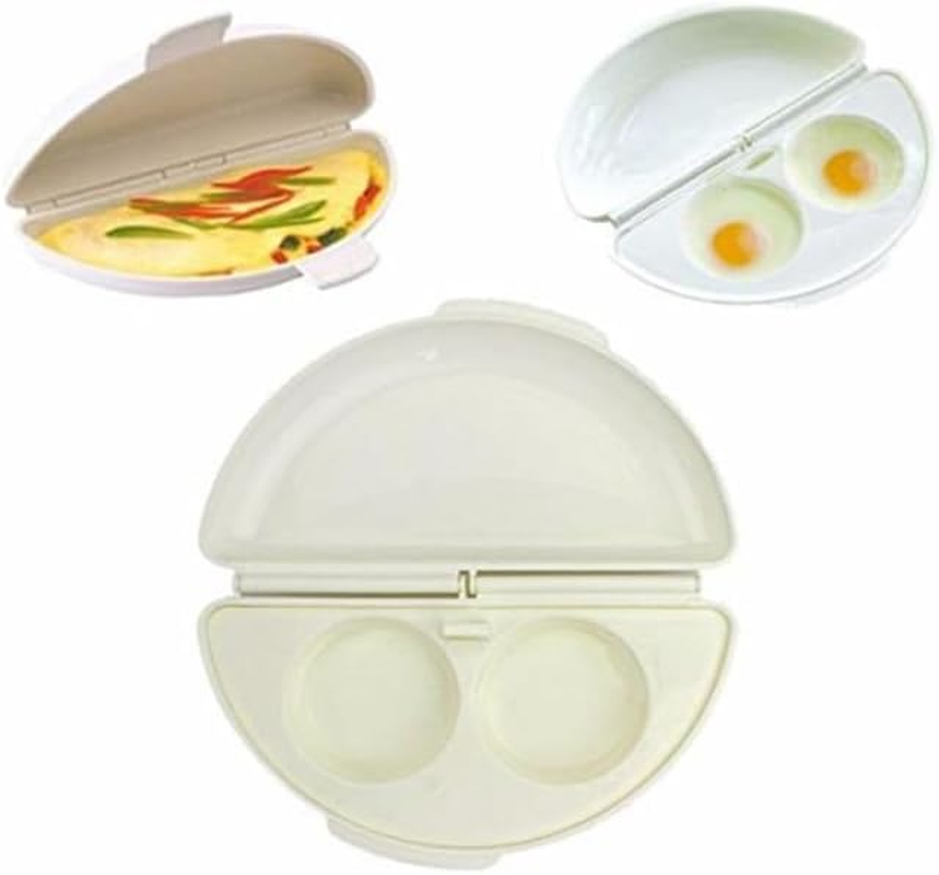 White Easy Egg Breakfast Set, Microwave Omelet Pan and Egg Poacher Quick Egg Maker Microwave Egg Omelette Omelett Omelet Pan Maker Microwavable Cooker, 2 Cavity Egg Poacher Set Plastic Quick Egg Maker