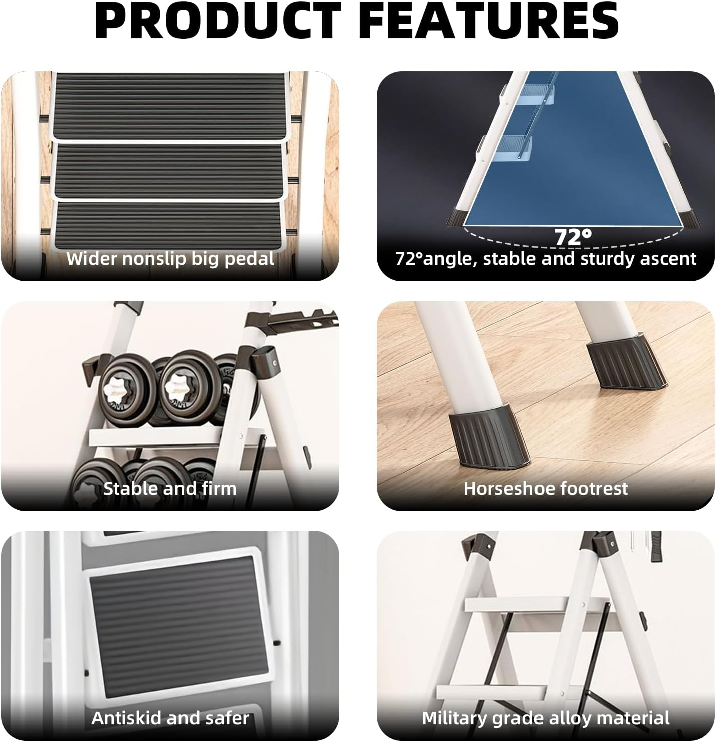 Stusgo 6 Step Ladders, Aluminium Folding Step Ladder,Sepladder Multi Height Platform for Home Office Warehouse, 150Kg Capacity Portable Non-Slip Upgrade the Security Buckle (White and Black) image number 1