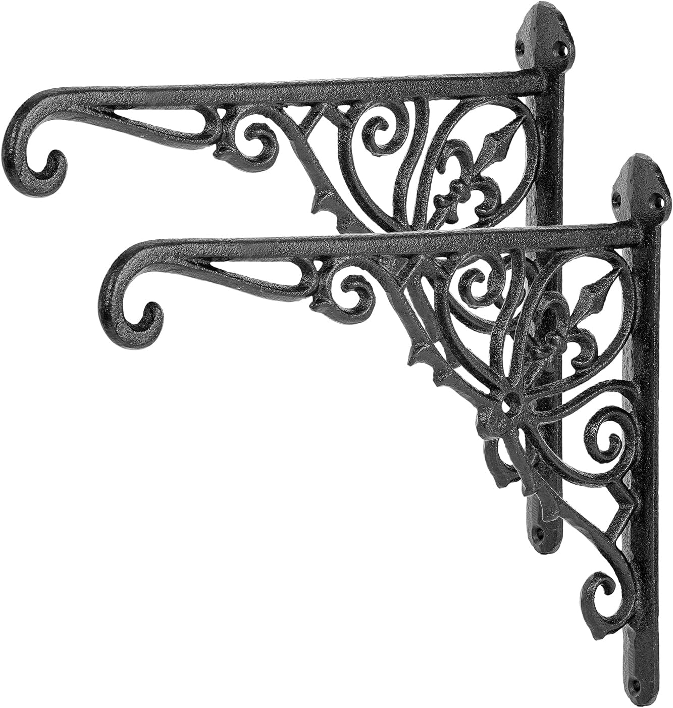 Sungmor Decorative Cast Iron Wall Bracket for Hanging Baskets &ndash; 2 Pack Heavy Duty Plant Hanger Hook for Outdoor/Indoor Use &ndash; Vintage Black Metal Hanging Bracket for Lanterns, Bird Feeders, Signs