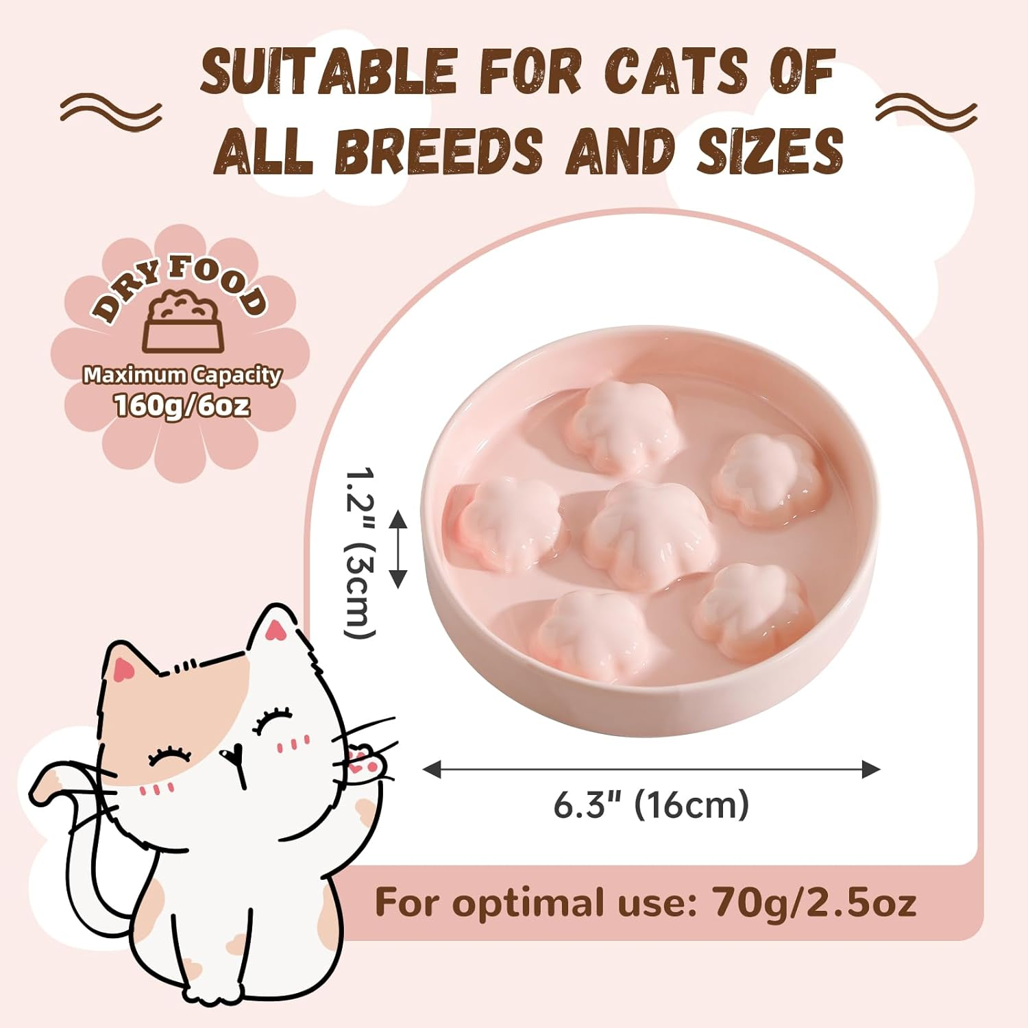 Cat Slow Feeder Bowl Ceramic - Slow Eating Cat Bowl anti Vomiting - Pastel Tones Cat Food Plate - Cute Bloom Cat Feeding Bowl - Fun Maze Cat Dish for Fast Eaters - Dishwasher Safe - 6 OZ - Pale Pink image number 5