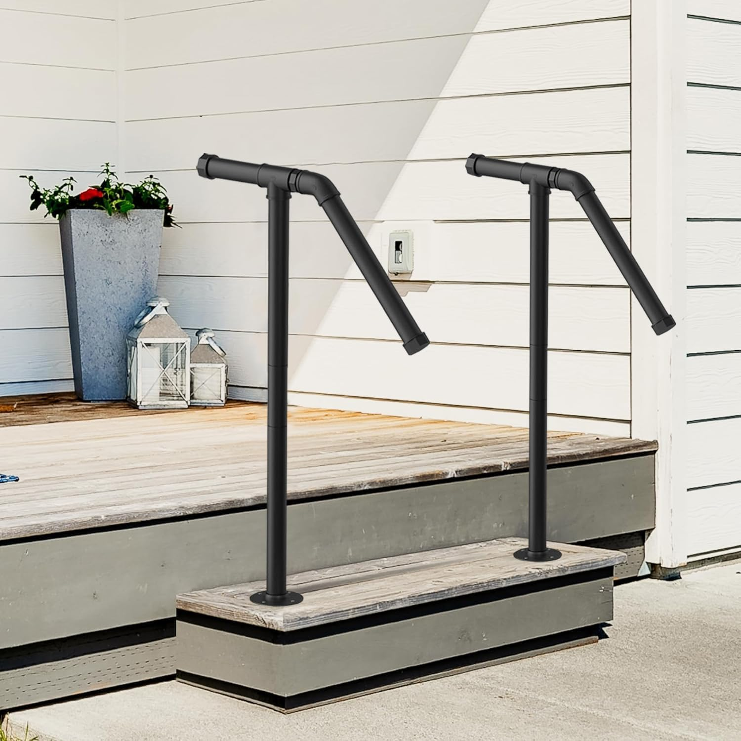 REASOR Outdoor Stair Railing Handrail for 1-2 Steps, Single Post Wrought Iron Rail for Concrete or Wooden Stairs, Black Powder Coated, 25Mm Diameter, Supports up to 100Kg