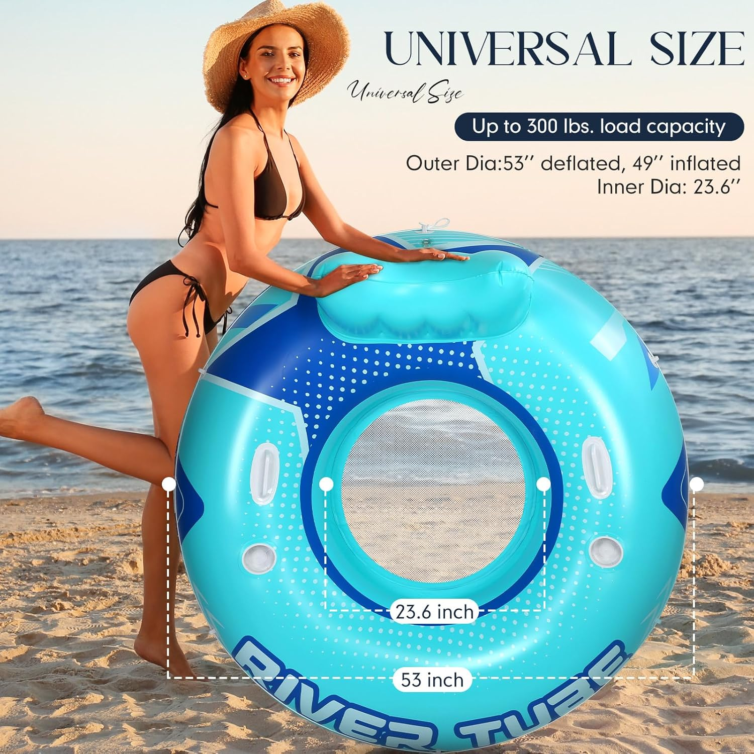 53" Heavy Duty River Tube Float Inflatable Pool Floating Tube for Adult Large River Raft Water Chair Lounger with Mesh Bottom Backrest 2 Cup Holders and Handles,Holds 300Lb image number 4