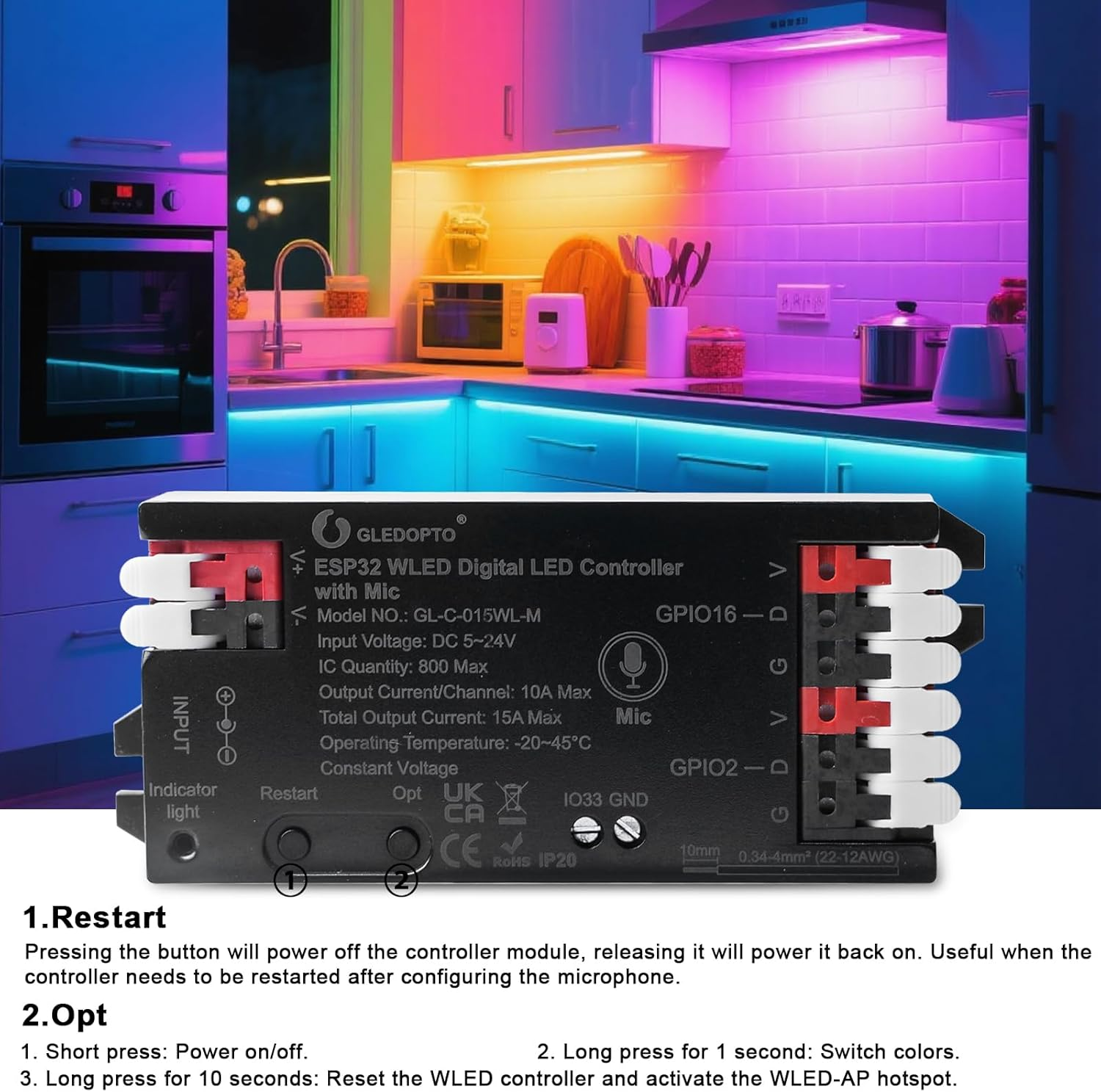 WLED Controller with Microphone, ESP32 DC 5V-24V Digital LED Strip Controller for Addressable LED Strips Digital RGB IC WS2811 WS2812B SK6812 WS2815 RGBW Addressable FCOB LED Strip image number 1