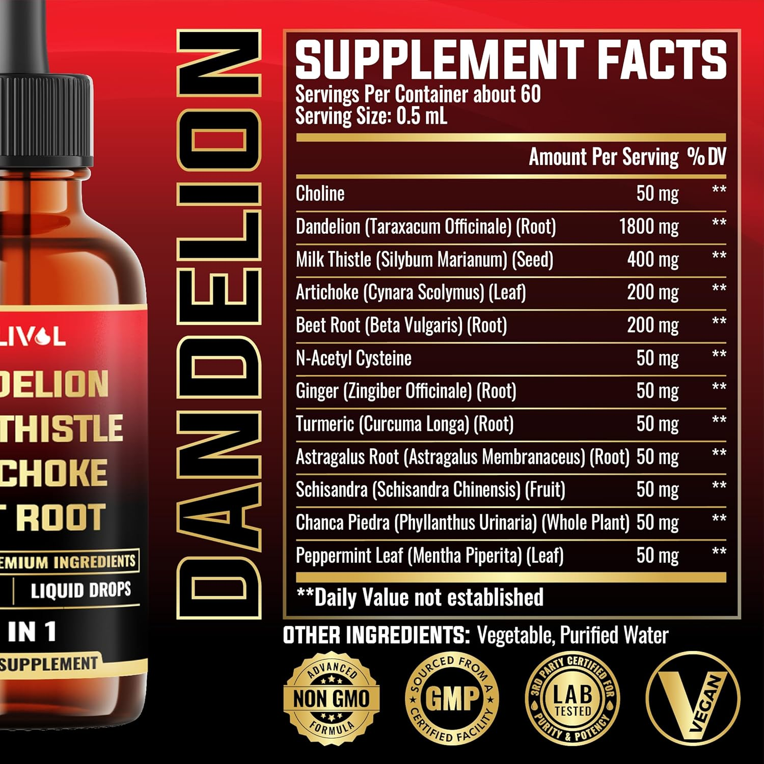 Dandelion Root Liquid Extract with Milk Thistle, Artichoke Extract, Turmeric, Beet Root, N-Acetyl Cysteine and 6 More Herbals - 30Ml - 60 Days Supply image number 5