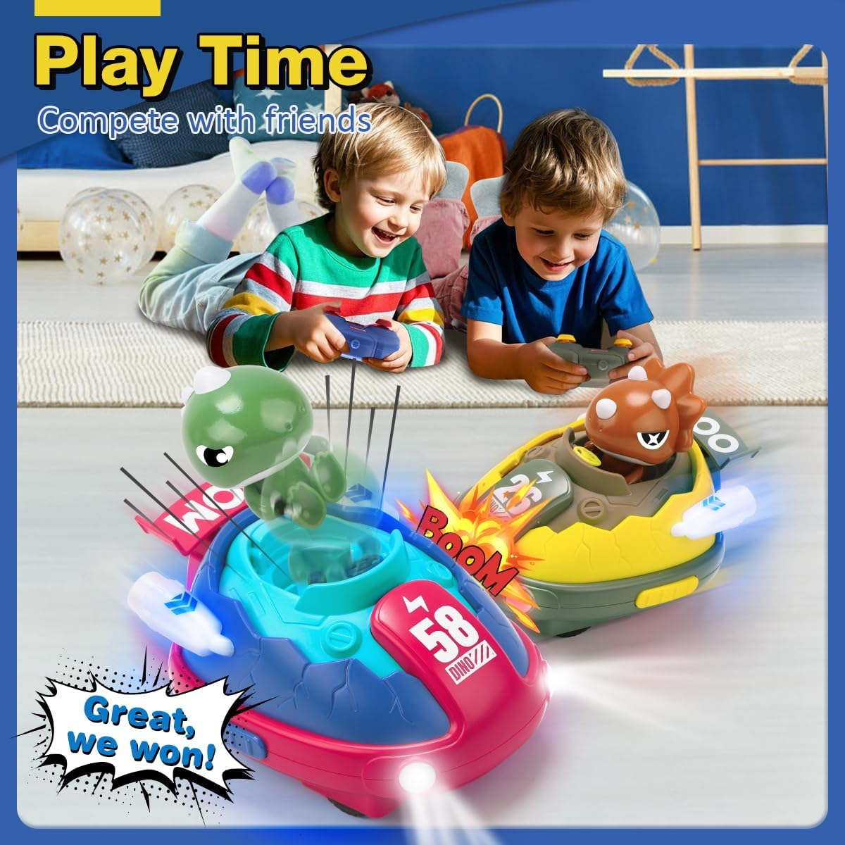 REMOKING 2 Pack Remote Control Car for 3 4 5 6 7 Year Old Boys, Dinosaur Toys with Lights & Sounds Effects, 360&deg; Rotation, 2.4Ghz RC Ejecting Bumper Car for Kids Age 3-8 Christmas Birthday Gifts image number 6