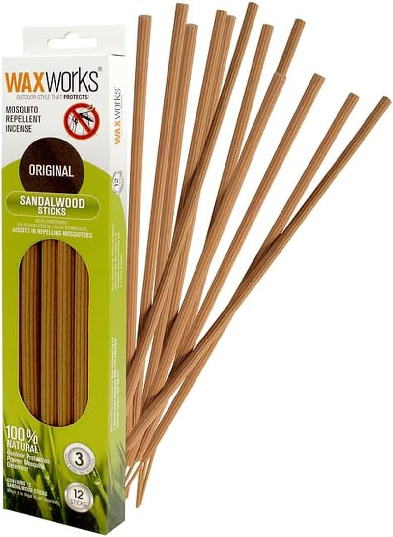 Waxworks Citronella & Sandalwood Oil Incense Sticks &ndash; Fly & Mosquito Repellent for Outdoors &ndash; 12 Pack Insect Repellent for Patios & Camping &ndash; up to 3 Hours Burn Time per Stick &ndash; Eucalyptus Fragrance