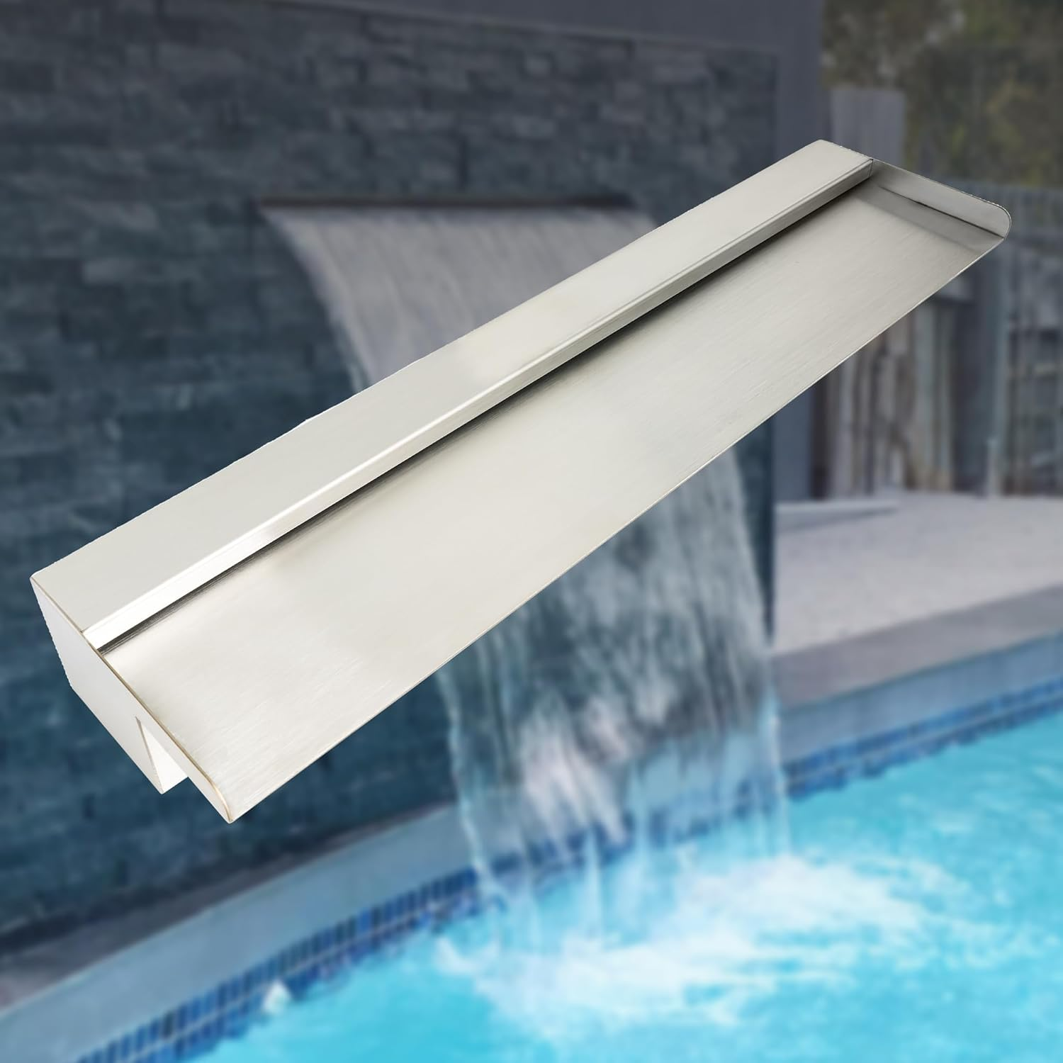 24 Inch Pool Fountain 304 Stainless Steel Waterfall Spillway with Pipe Connector Kits, Wider Water Flow Sheer Descent Platform Water Feature Fountain for Swimming Pool, Outdoor Garden Decor image number 3