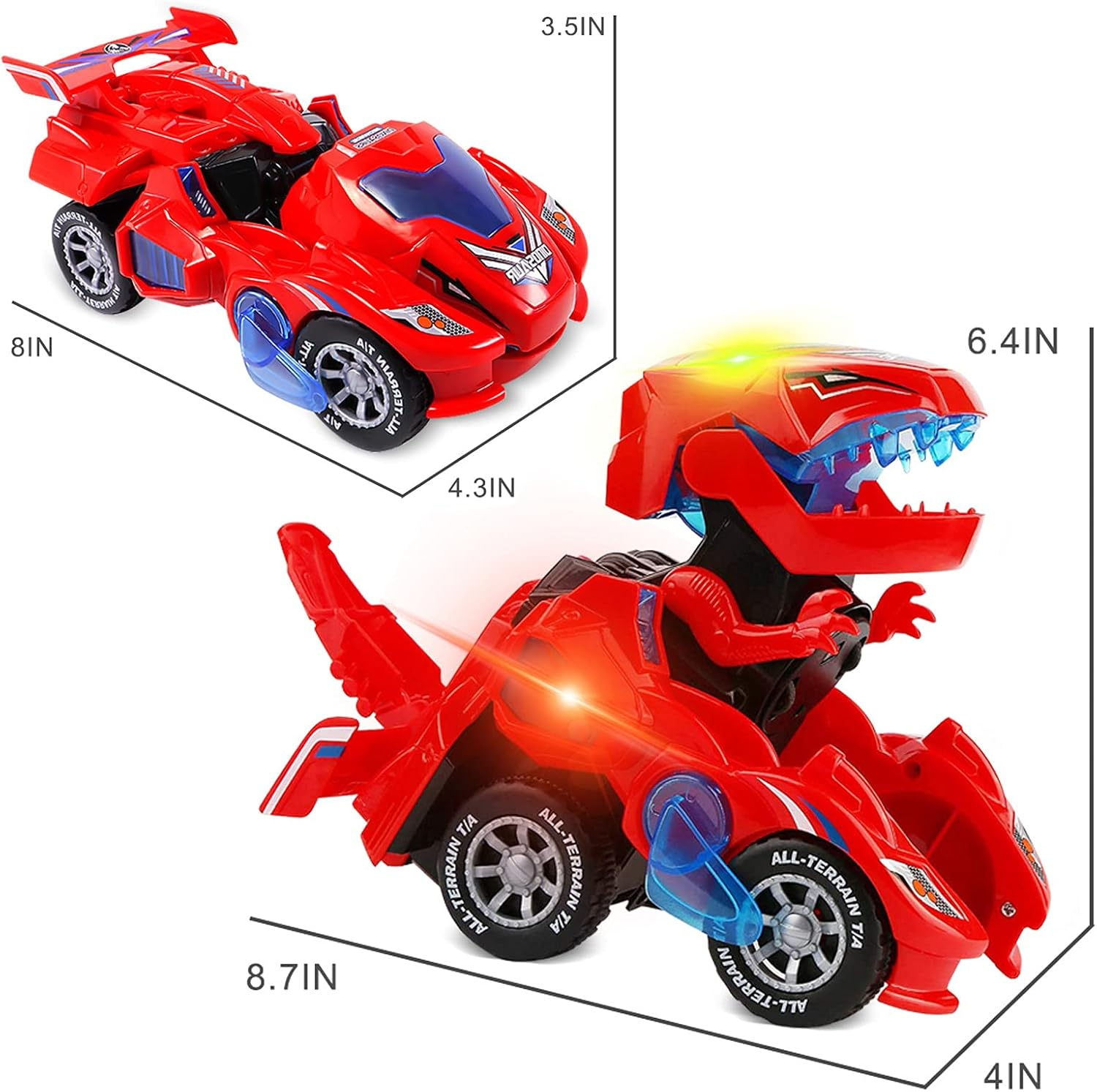 Transforming Dinosaur LED Car with Light and Music, Dinosaur Toys for Kids 3-5-7, Dino Toy Cars Christmas Birthday Gifts for Toddlers Boys Girls (Red) image number 4