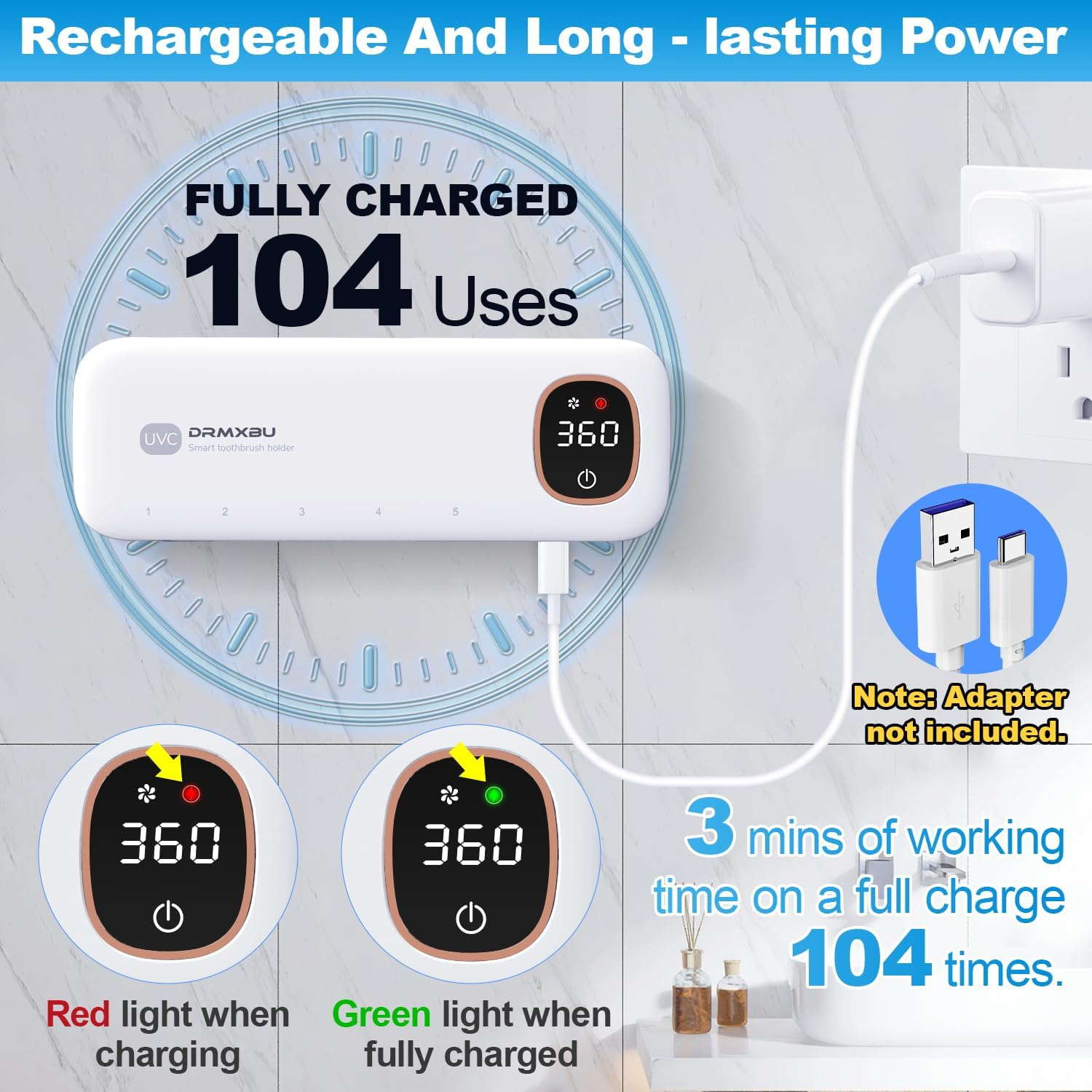 Toothbrush Holder, DRMXBU UV Electric Toothbrush Sanitizer Holder Wall Mounted for Bathroom with Light Clean Air Dry, Tooth Brush Holder with 5 Slots for Family, LED Timer Toothbrush Cleaner Case image number 3