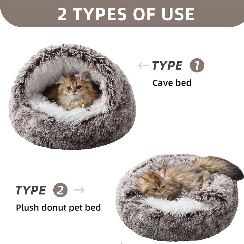 Aufondof Cat Bed round Soft Plush Burrowing Cave Hooded Ped Bed for Dogs & Cats Comfortable Self Warming Small Dog Bed Plush Calming Cat Bed (40Cm) (Brown) image number 2