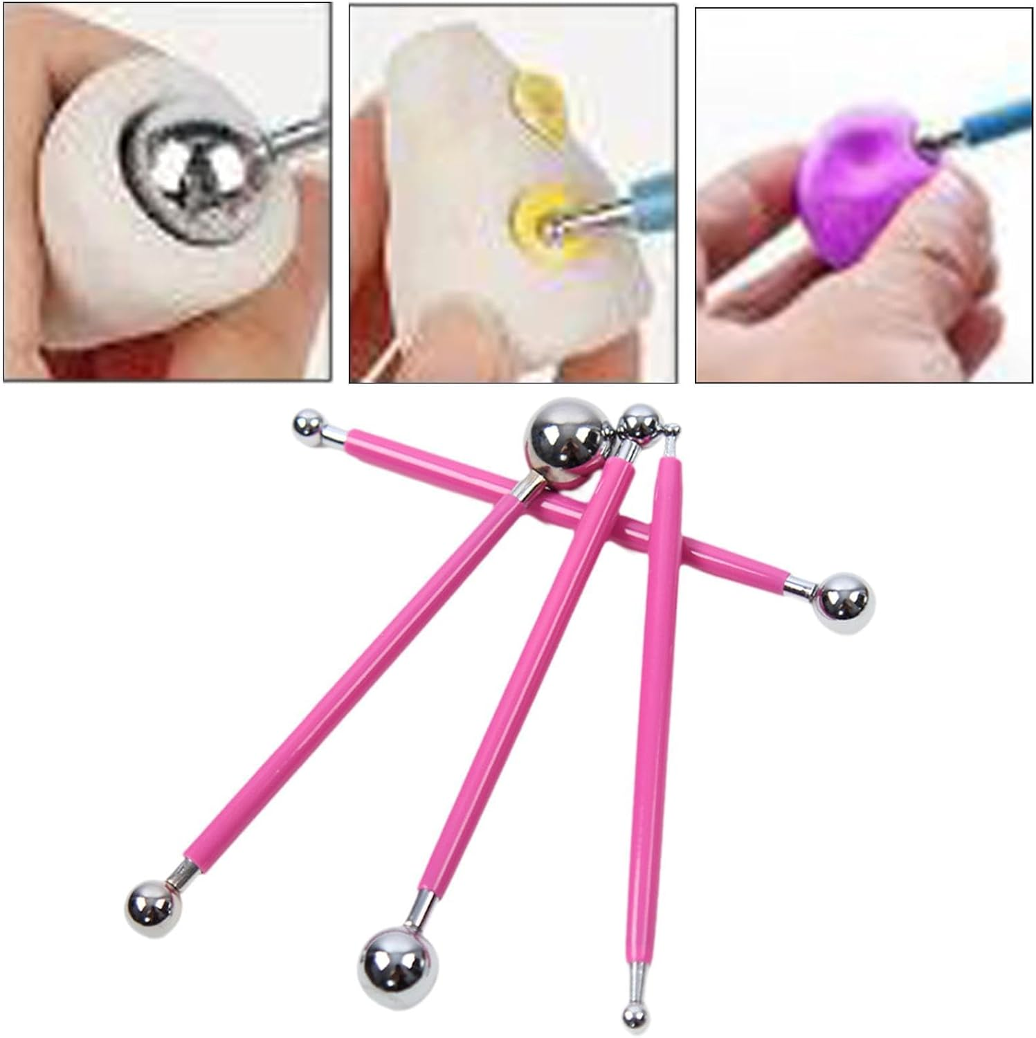 Yuksok 4Pcs Ball Stylus Dotting Tools Ball Stylus Embossing Pattern Ceramics Sculpture Modeling Tool Double Head Clay Tools, Red - Blue image number 2