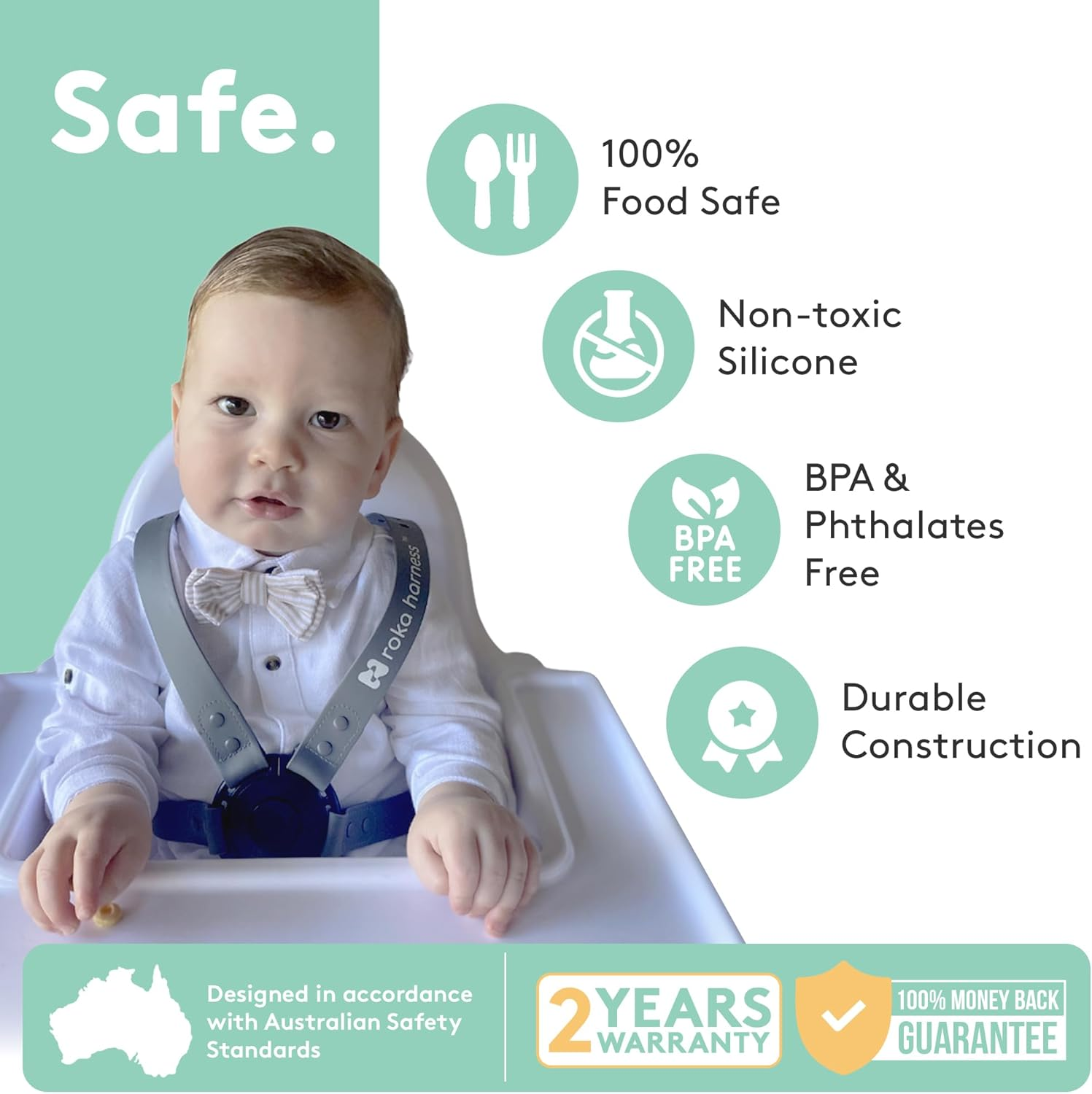 ROKA HARNESS High Chair Straps - Wipeable, Silicone Baby Harness, Universal 5 Point Strap Replacement for Highchairs