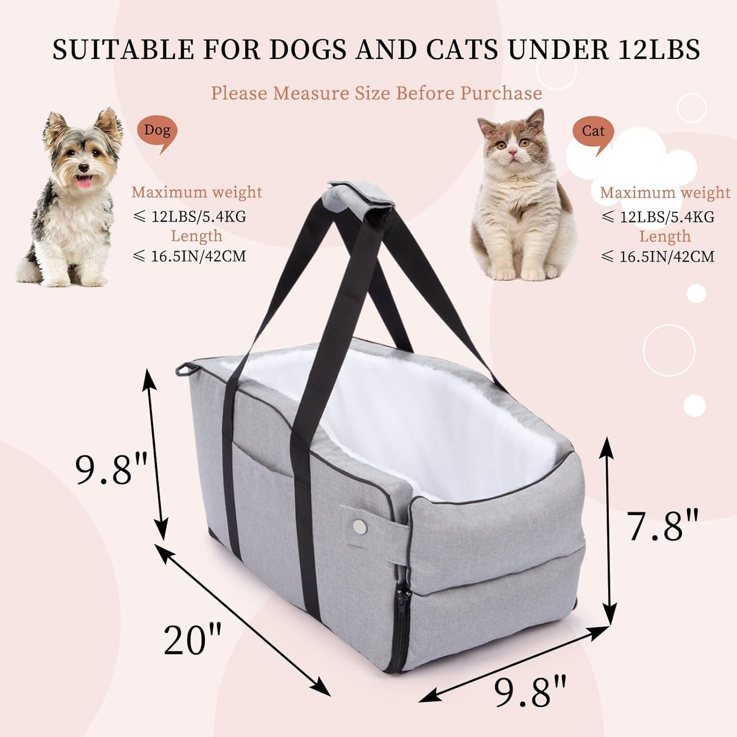 Center Console Dog Car Seat, Dog Car Seat for Small Dogs Cats under 12 Lbs, Dog Booster Car Seat with Safety Tethers, Washable Dog Car Bed, Dog Travel Bag with Fixed Straps, Fits Car, Travel image number 2