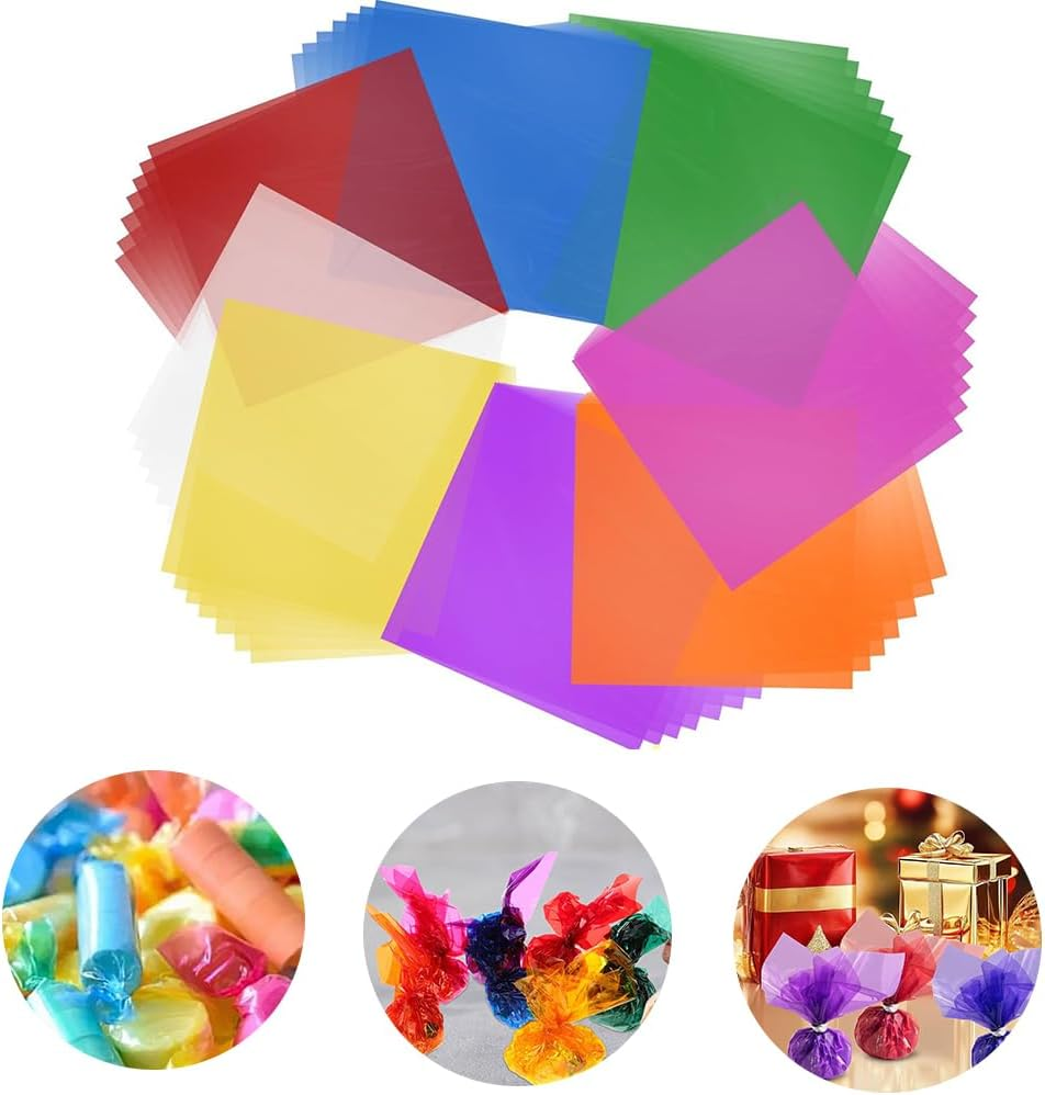 160Pcs Colorful Cellophane Sheets &ndash; 8 Vibrant Colors, 7.5X7.5 Inch Transparent Plastic Wrap for DIY Crafts, Gift Wrapping, Christmas & Valentine Decorations image number 3