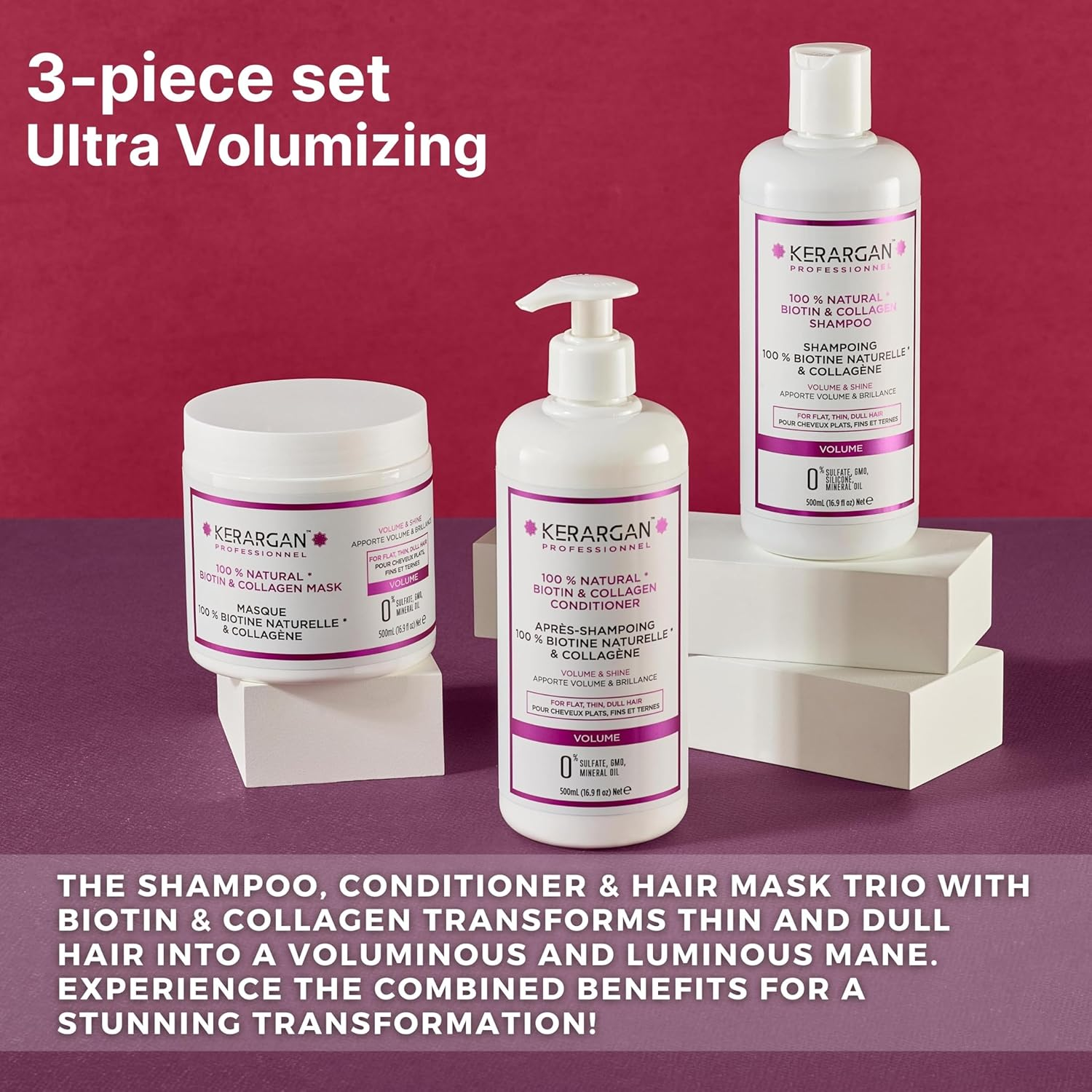 Kerargan - Shampoo, Conditioner and Mask with Biotin and Collagen to Give Your Hair Strength, Shine and Vitality - for Damaged Hair - No Sulphate, Parabens, Silicone - 3 X 500 Ml