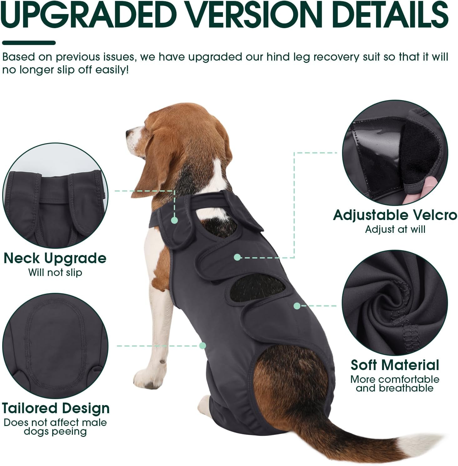 Kuoser Dog Bodysuit after Op, Recovery Suit for Castration Male , Thigh Protection Bodysuit, Anti-Wound Licking, Cervical Collar Alternative, Grey M image number 6