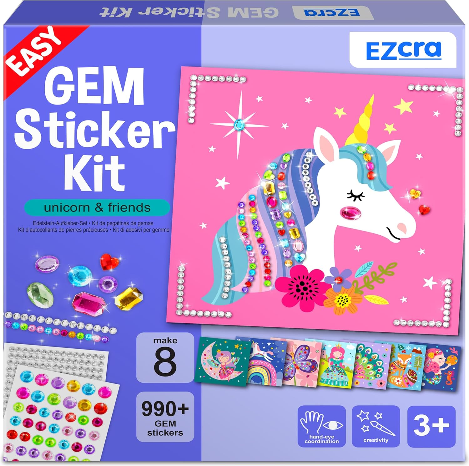 EZCRA Easy Arts and Crafts for Kids - Fun Gem Sticker Kit - 8 Unicorn Princess Themes, 990+ Stickers - Gem Art for Kids - Diamond Art Kits - Gifts for Girls Ages 3-8 image number 4