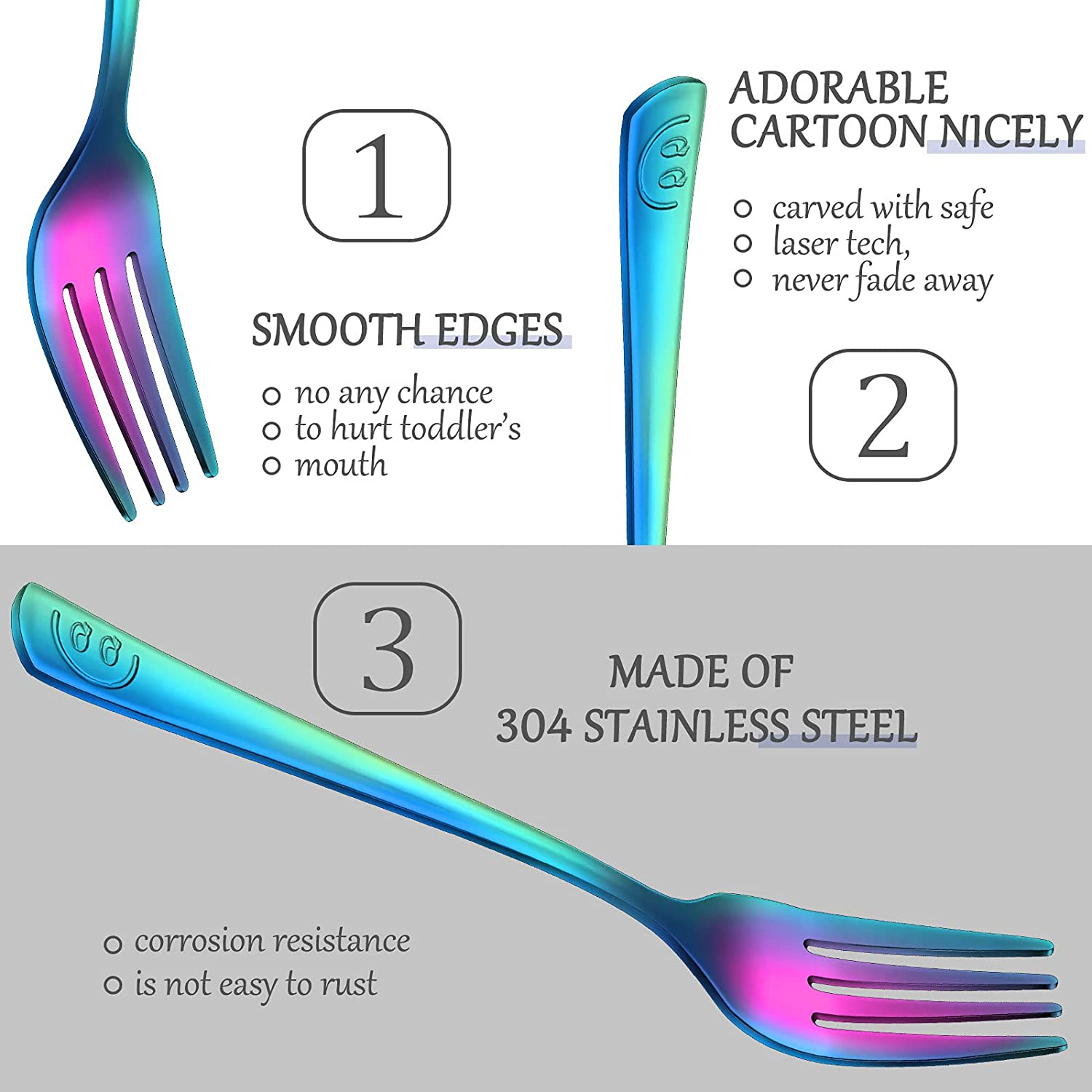 8 Pieces Spoon and Fork Set, Rainbow Kids Utensils Set, Kids Flatware Set, Includes 4 Spoon and 4 Fork with Smile Mirror Polished for Daily Use image number 5