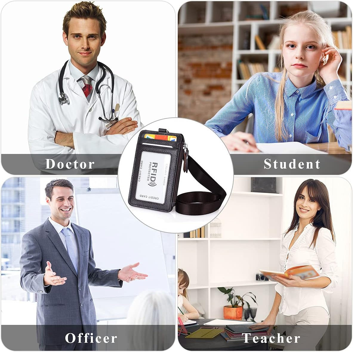 Badge Holder with Zipper Genuine Leather RFID Keychain Wallet Neck Lanyards with Swivel Hook for Card/Coin/Cash, Coffee - Coffee image number 4